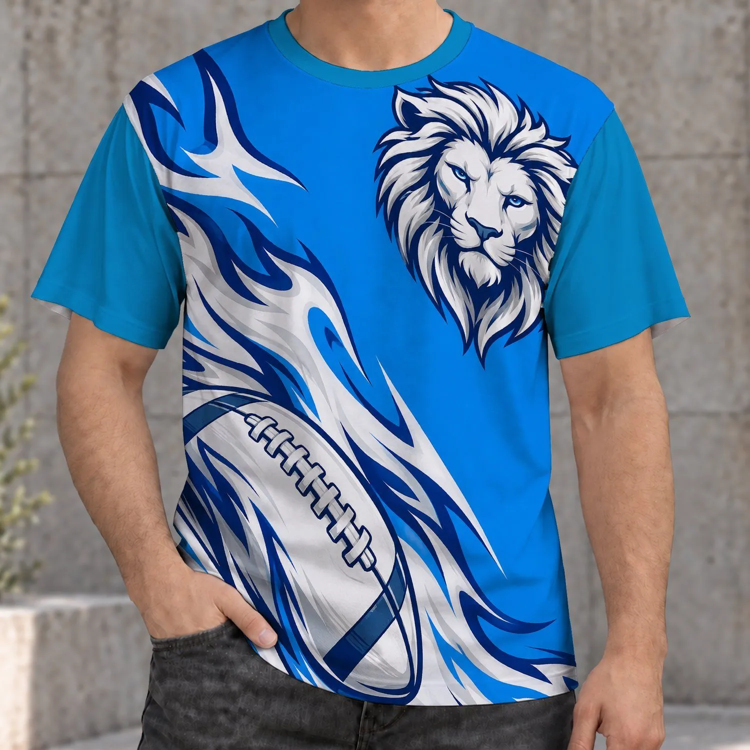 Blue And White Lion And Football Motifs For Game Day, Sports Fans, And Athletic Season All-over Print Unisex T-shirt - 1