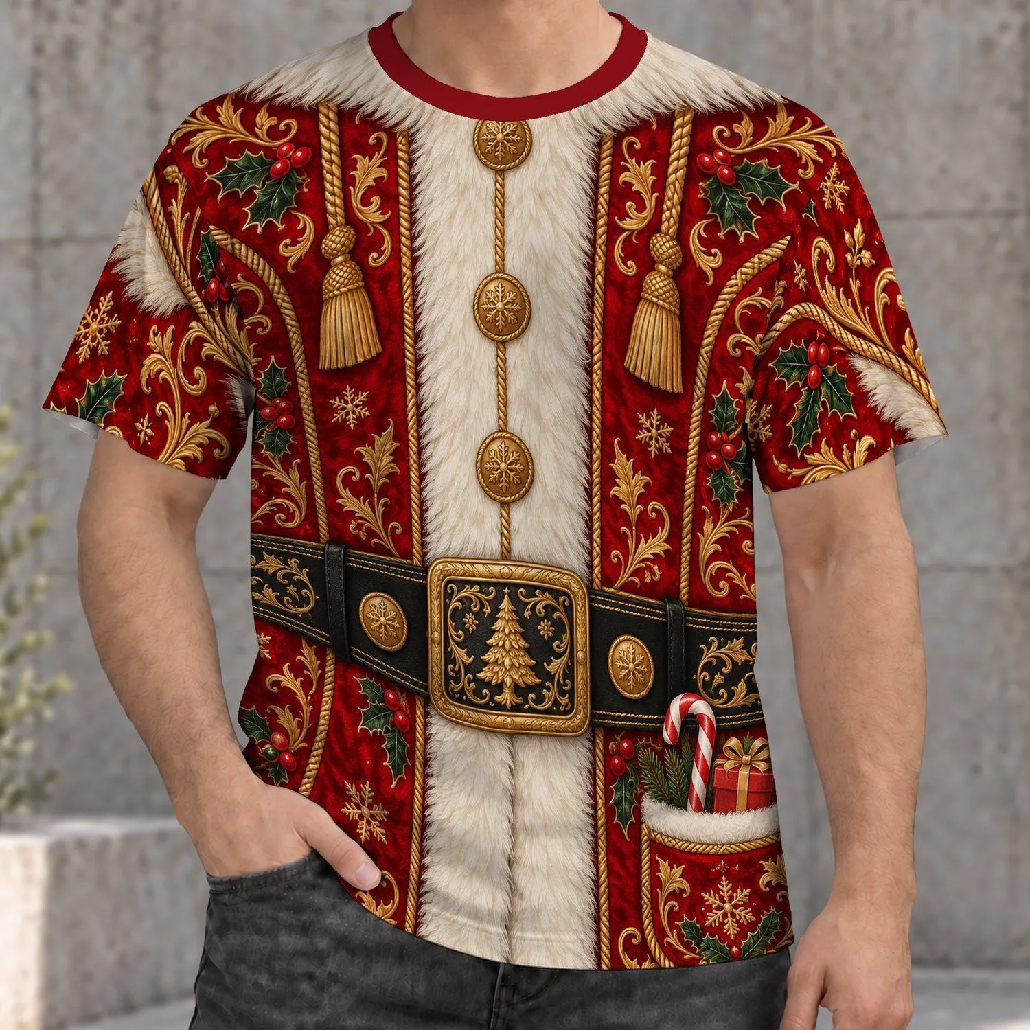 Red Santa Holiday Costume with Gold Snowflakes and Candy Cane for Christmas Parties All-over Print Unisex T-shirt - 1
