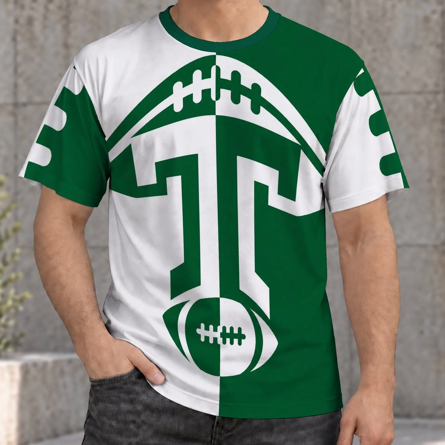 Green And White Football Monogram for Game Day Tailgating and Fan Gatherings All-over Print Unisex T-shirt - 1