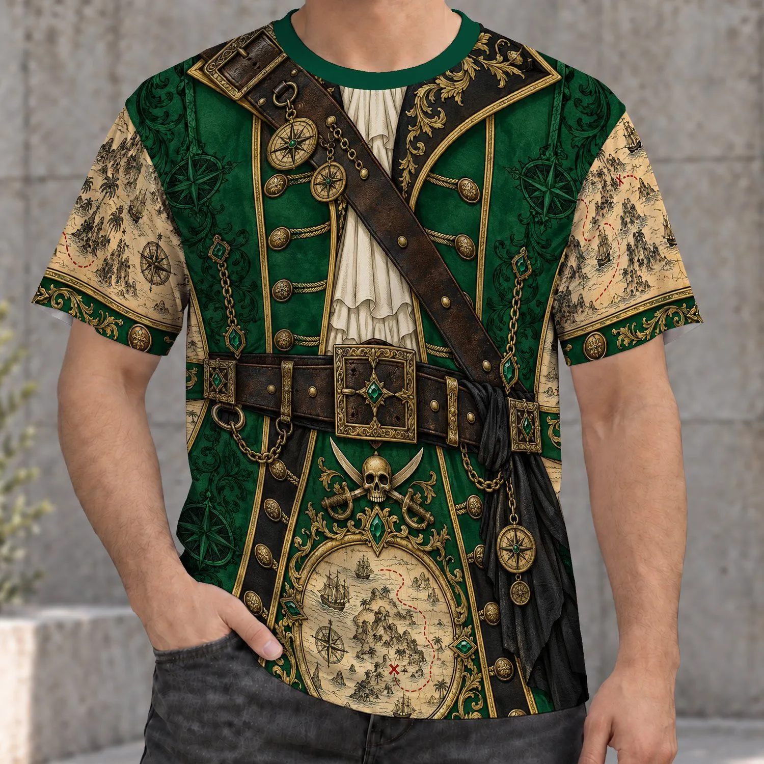 Emerald Pirate Treasure Map and Compass Motifs for Halloween and Costume Parties All-over Print Unisex T-shirt - 1