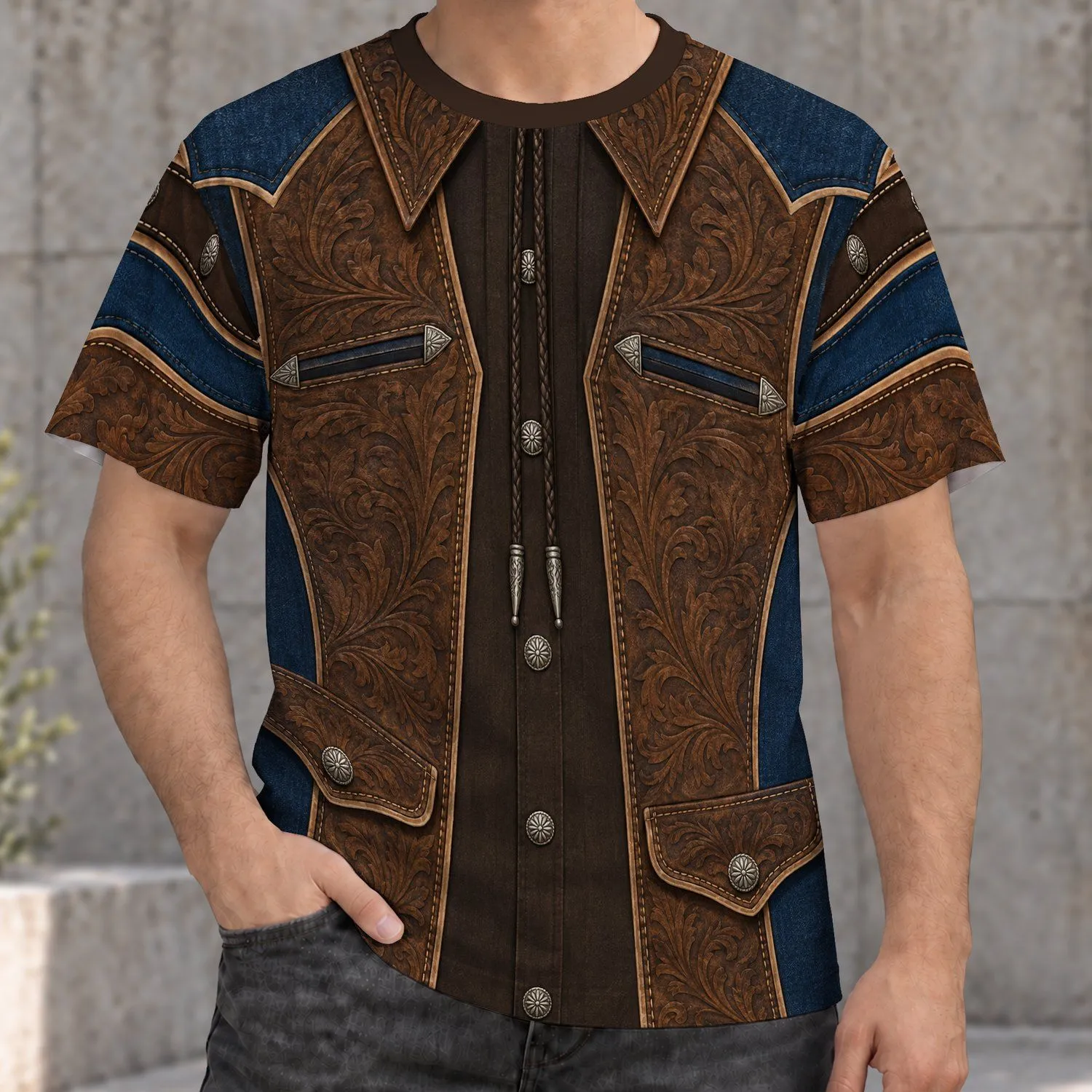 Western Ranch Leather Vest Look for Country Concerts and Casual Weekend Wear All-over Print Unisex T-shirt - 1