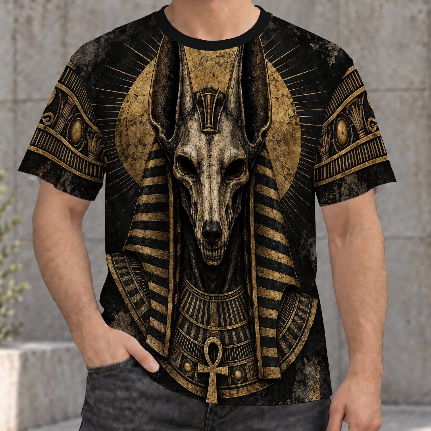 Jackal-Headed Egyptian Deity with Golden Halo for Dark Mythic Evenings and Festivals All-over Print Unisex T-shirt - 1