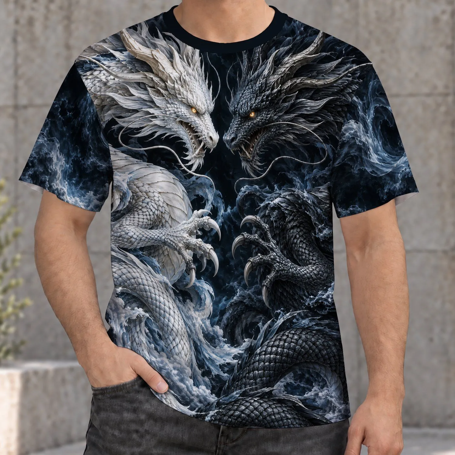 Twin White And Black Dragons For Travel, Streetwear And Outdoor Adventures All-over Print Unisex T-shirt - 1