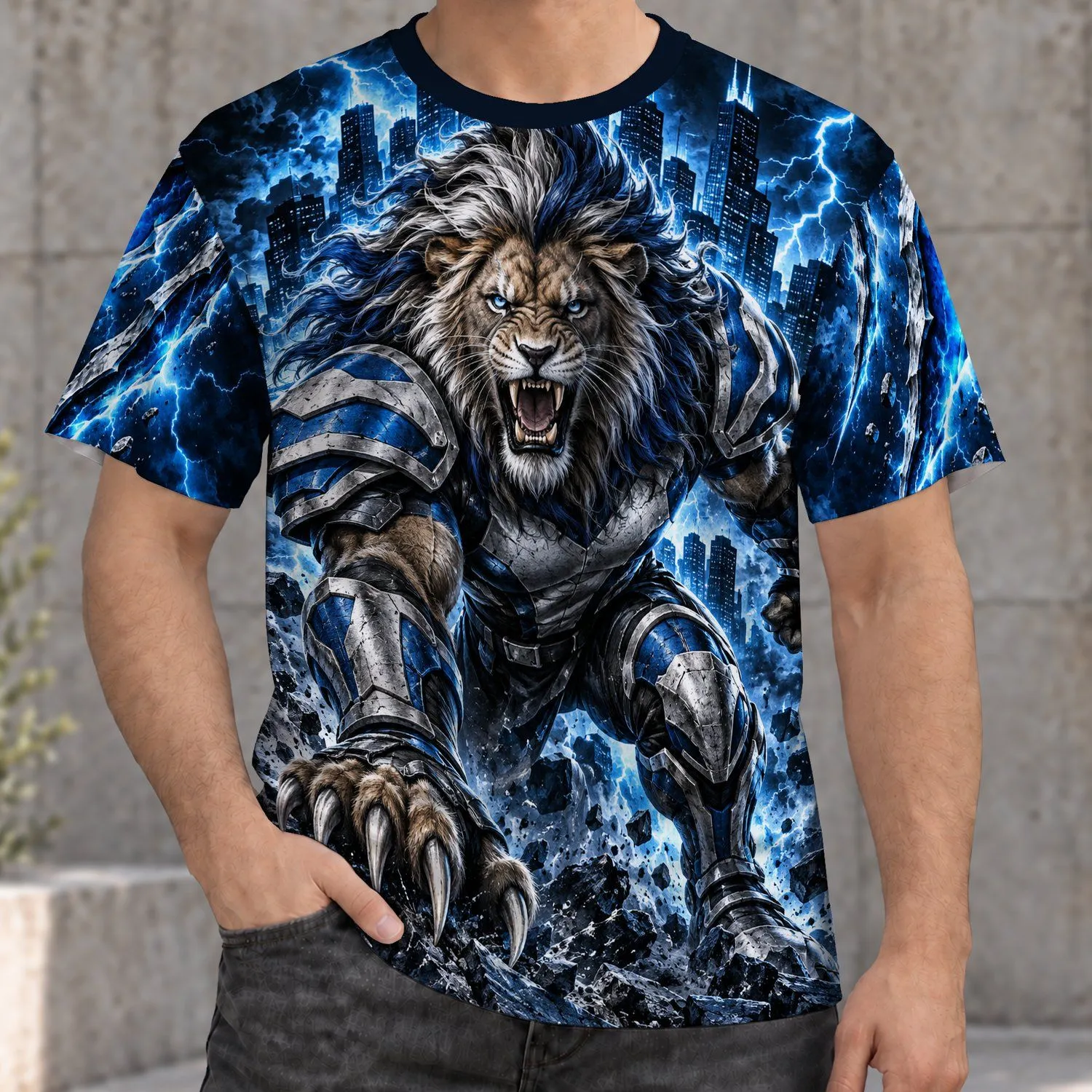 Armored Lion Warrior and Lightning Skyline for Game Day Fans All-over Print Unisex T-shirt - 1