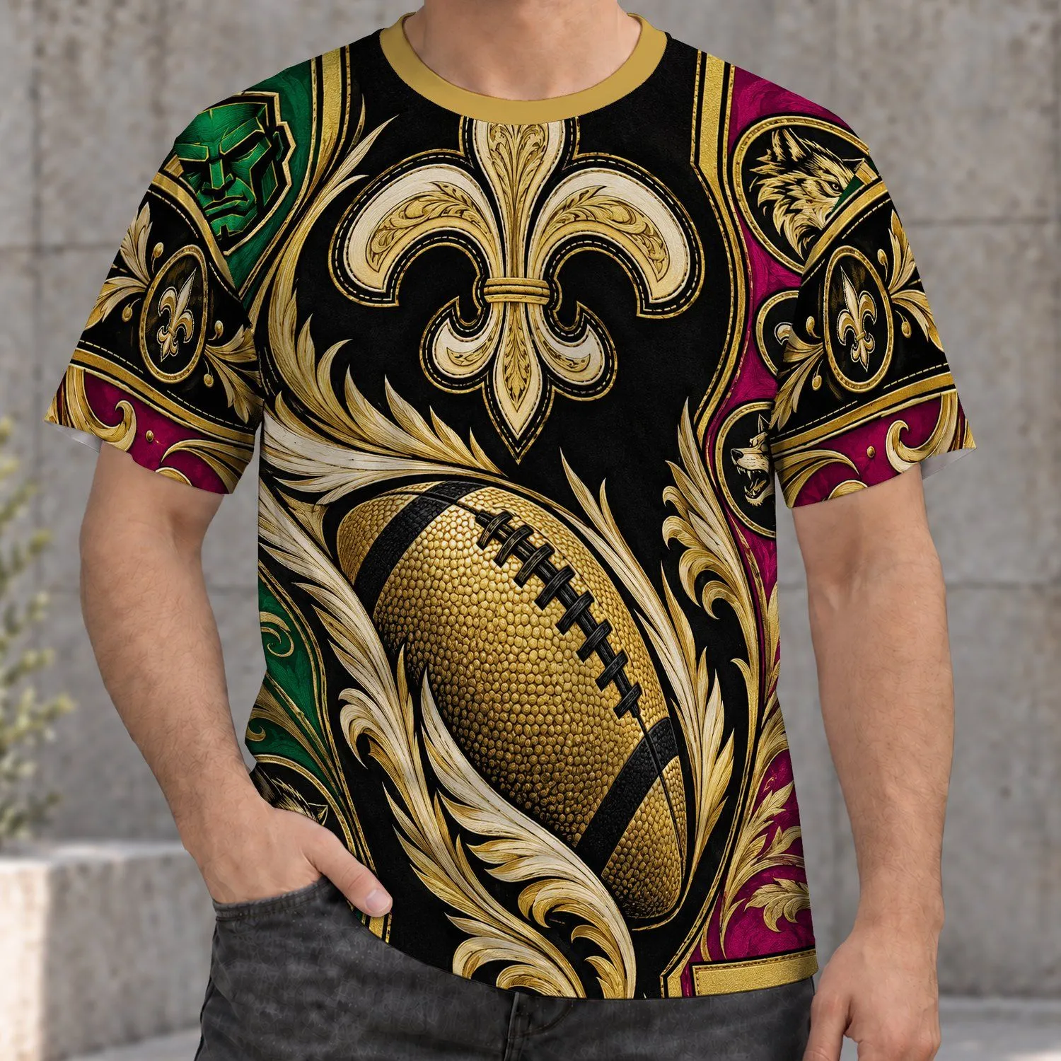 Fleur-De-Lis Football and Gold Wolf Emblems for Game Day and New Orleans Fans All-over Print Unisex T-shirt - 1