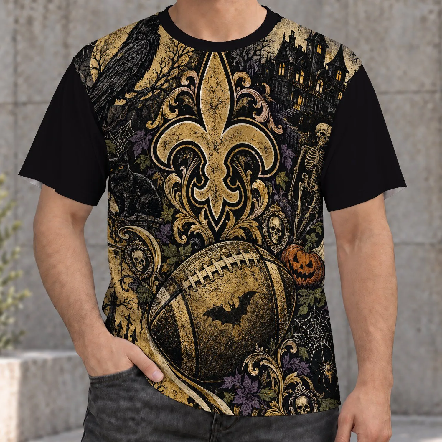 Halloween Football and Fleur Motifs for Spooky Season Game Day Tailgating Fans All-over Print Unisex T-shirt - 1
