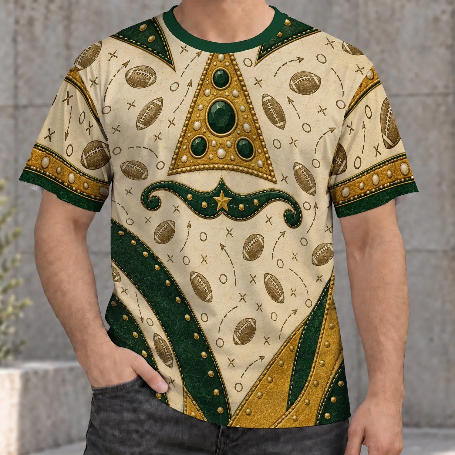 Green And Gold Football Fan Patchwork For Game Day Tailgating And Casual Sports Weekends All-over Print Unisex T-shirt - 1