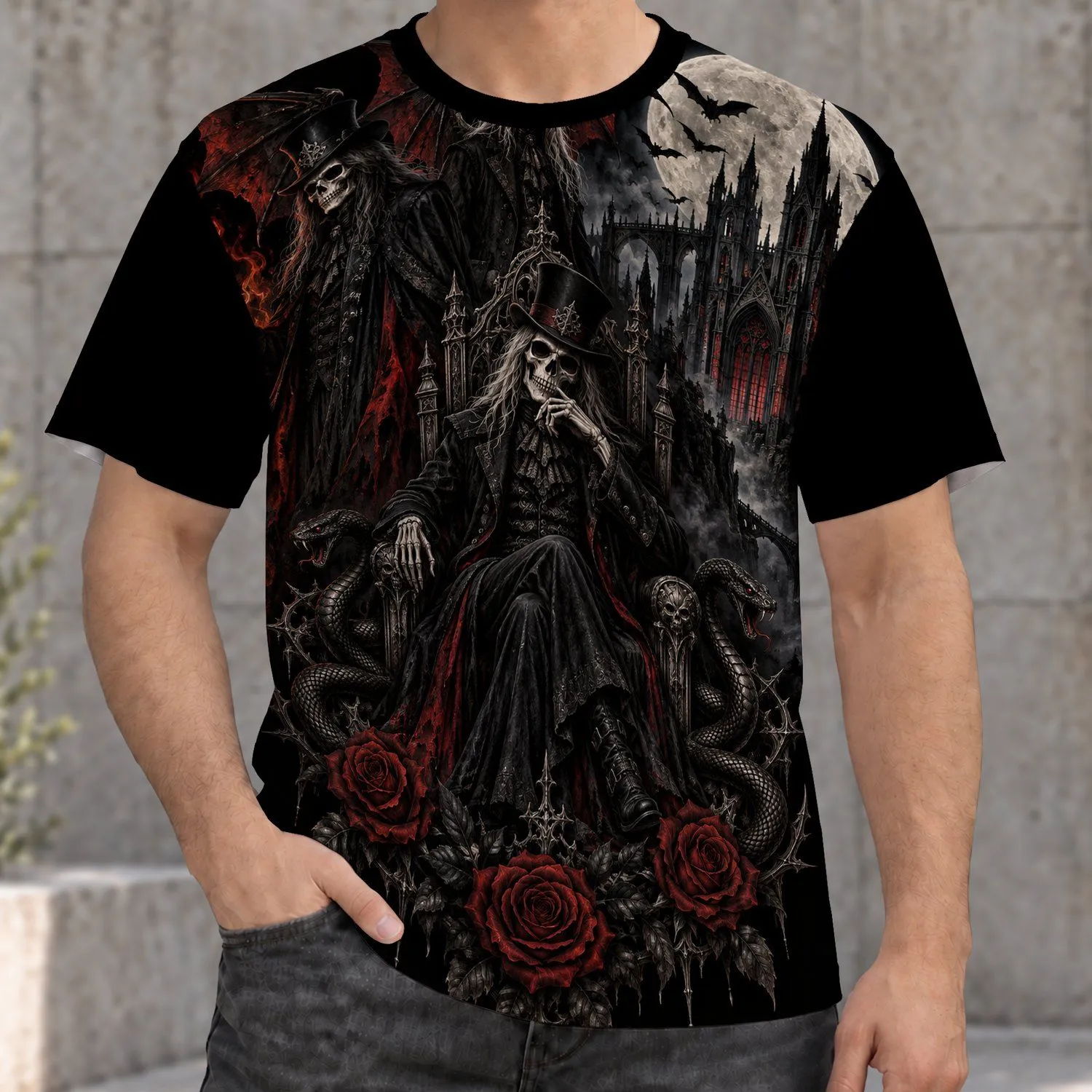 Gothic Reaper And Bat Cathedral Scene For Dark Alternative Wardrobe, Halloween Nights All-over Print Unisex T-shirt - 1