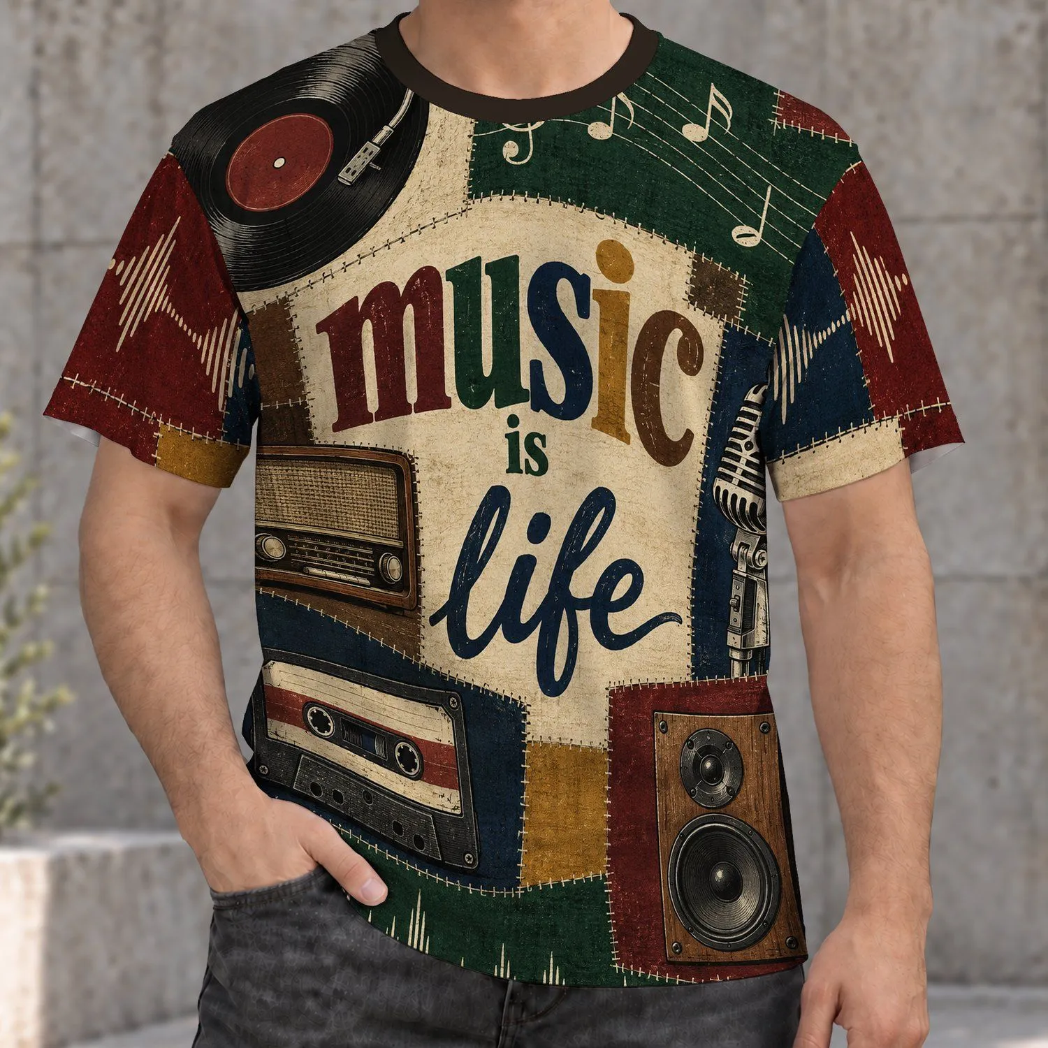 Vintage Vinyl Records, Retro Radio and Music Notes for Everyday Music Lovers and DJs All-over Print Unisex T-shirt - 1