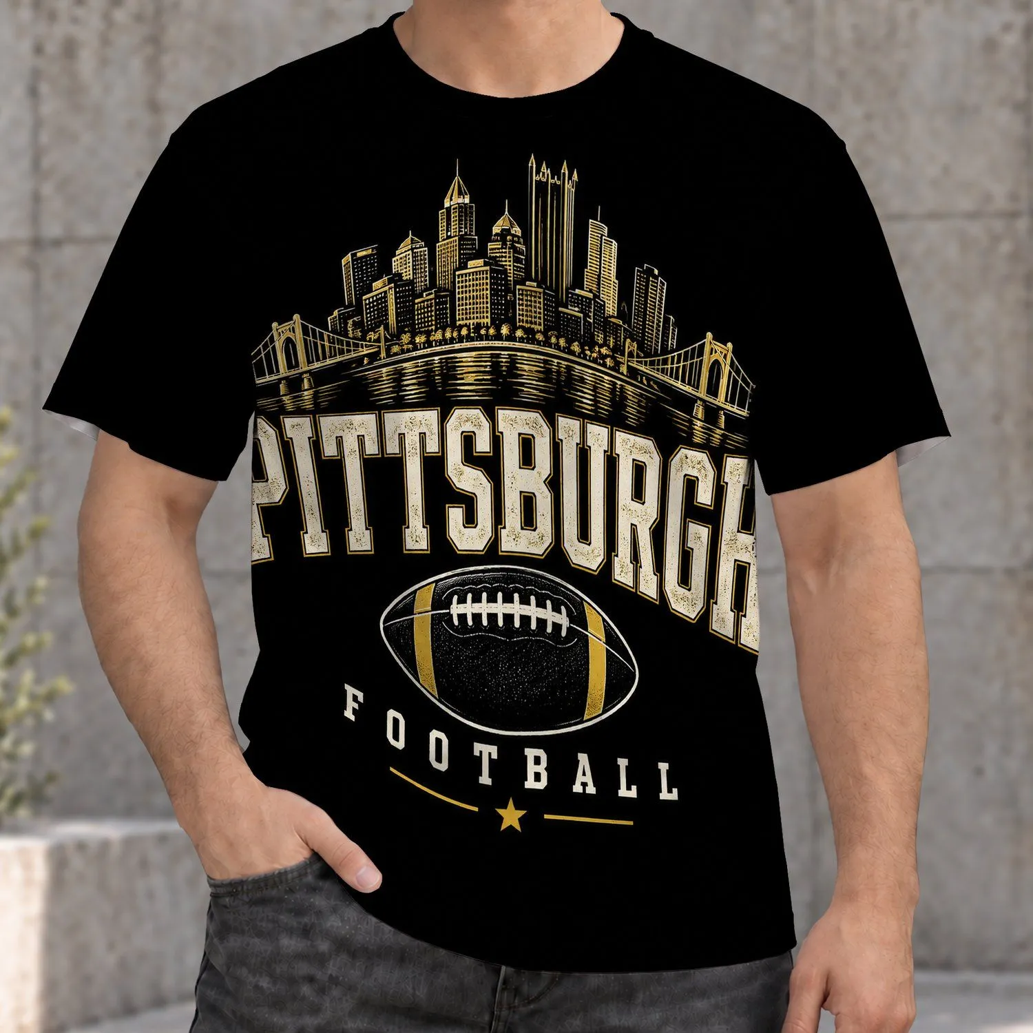 Golden Bridge Skyline and Football Emblem for Game Day Fans and City Sports Pride All-over Print Unisex T-shirt - 1