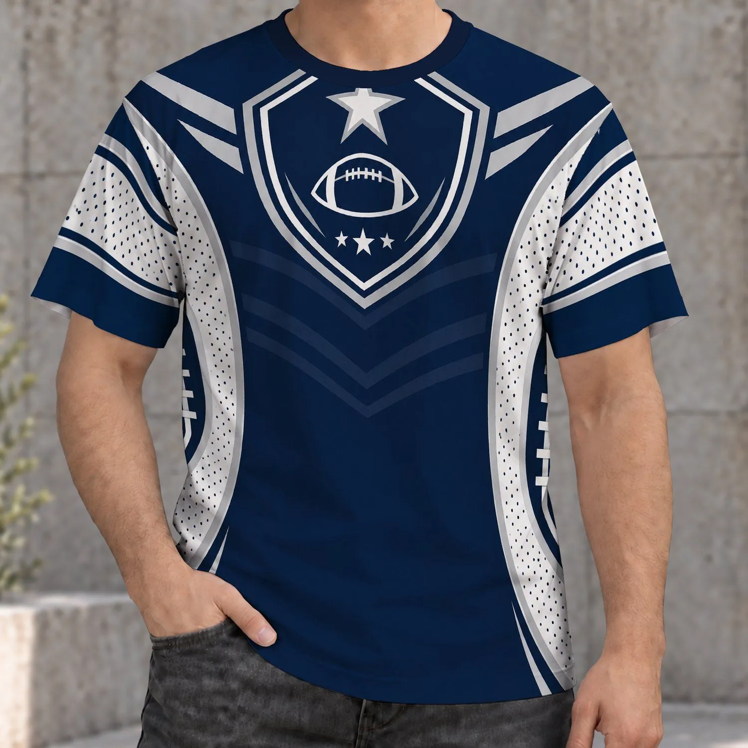 Navy Football Star Crest and Silver Stripe Style for Game Day and Casual Wear All-over Print Unisex T-shirt - 1