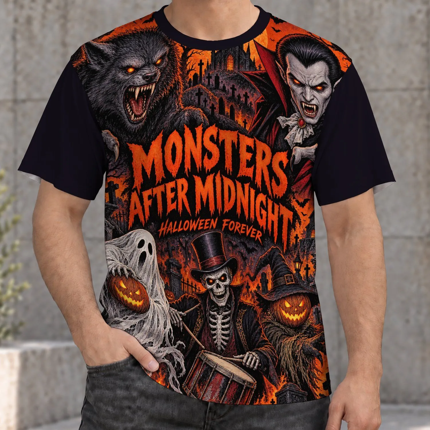 Werewolf Vampire Haunted Graveyard Scene for Halloween Nights and Spooky Season All-over Print Unisex T-shirt - 1