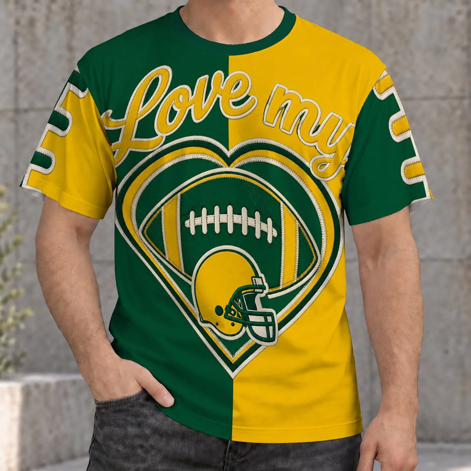 Green And Gold Heart Football Helmet For Game Day Halloween Fans Of All Ages All-over Print Unisex T-shirt - 1