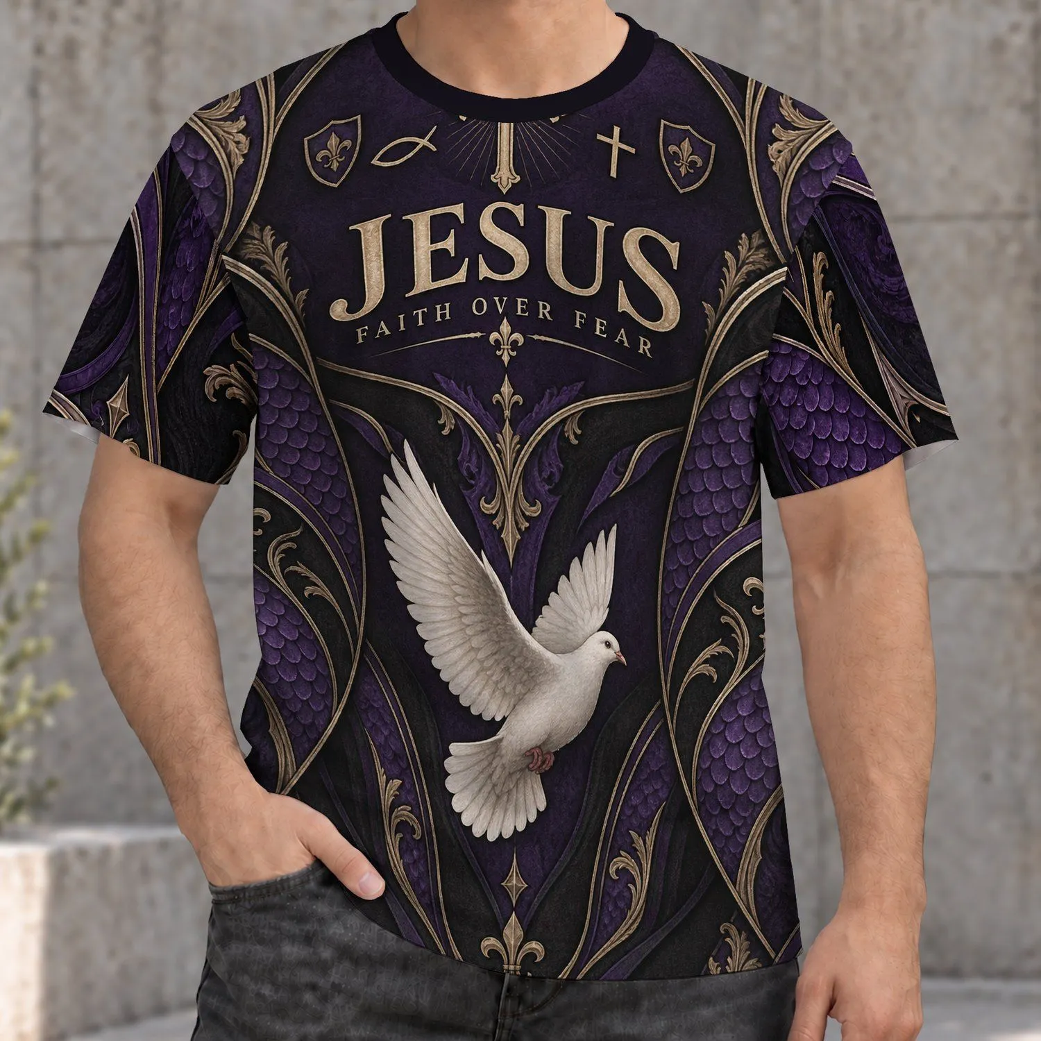 Purple Faith Cross And Dove Apparel For Worship, Fellowship And Everyday Casual Wear All-over Print Unisex T-shirt - 1