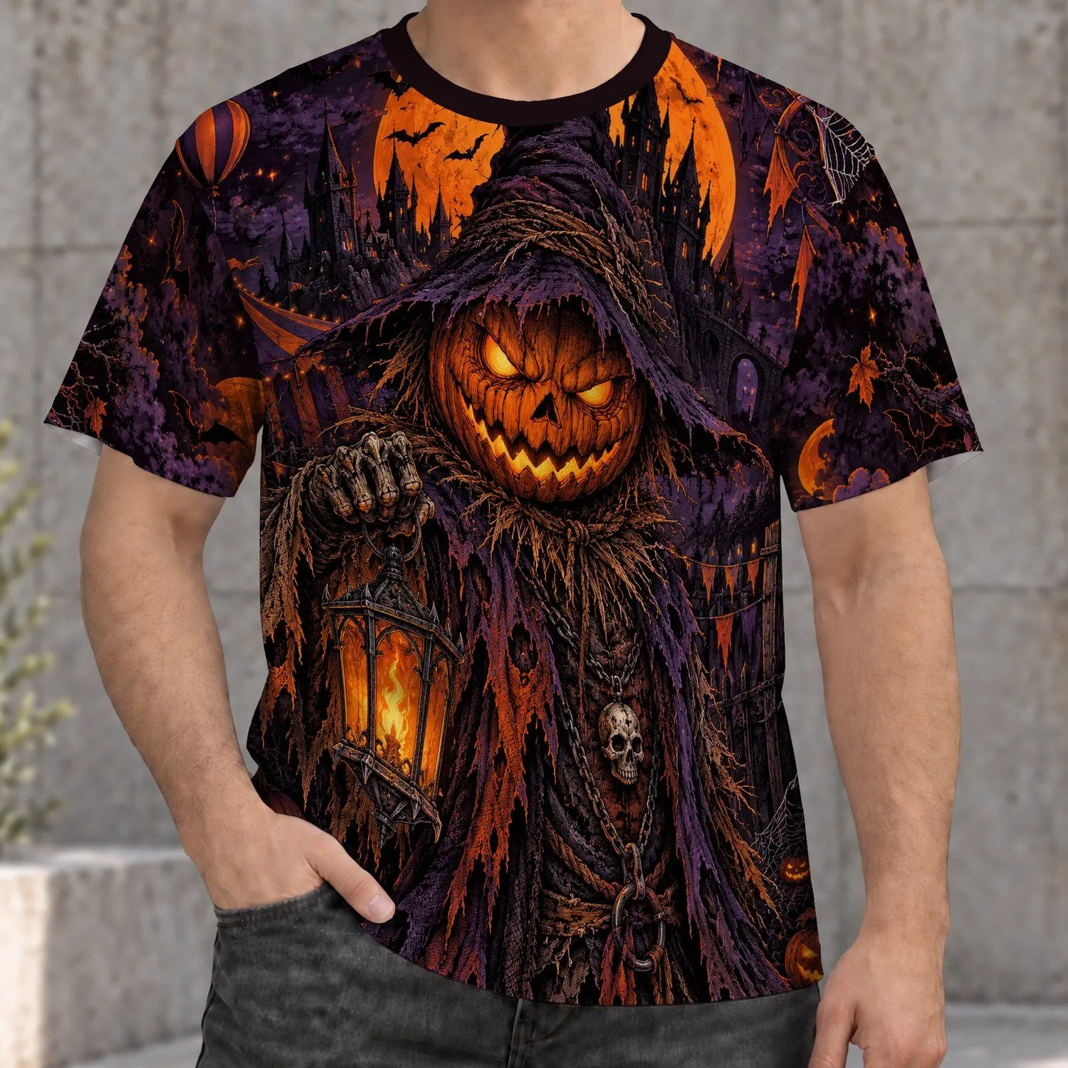 Pumpkin Scarecrow and Haunted Castle for Halloween Night Celebrations and Parties All-over Print Unisex T-shirt - 1