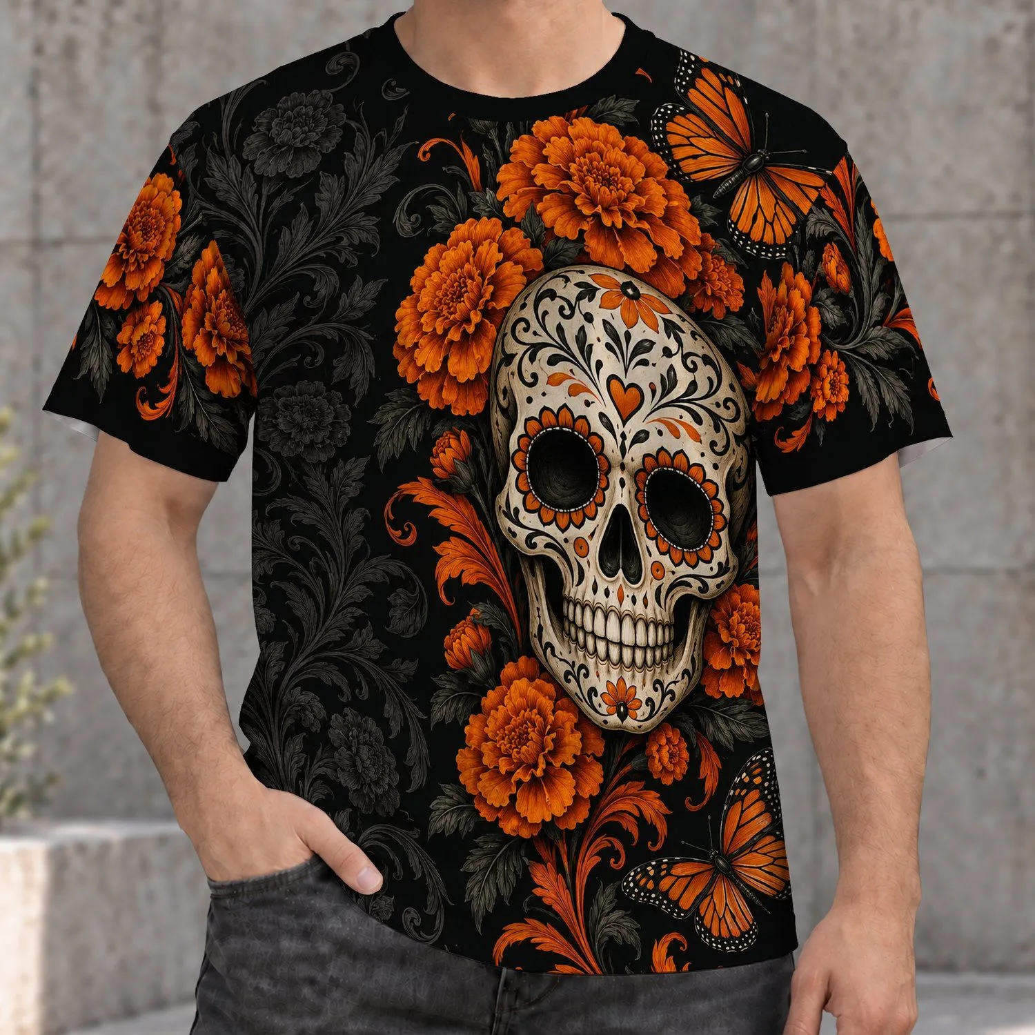 Orange Marigolds Charcoal Foliage Sugar Skull Marigolds And Butterflies For Day Of The Dead All-over Print Unisex T-shirt - 1