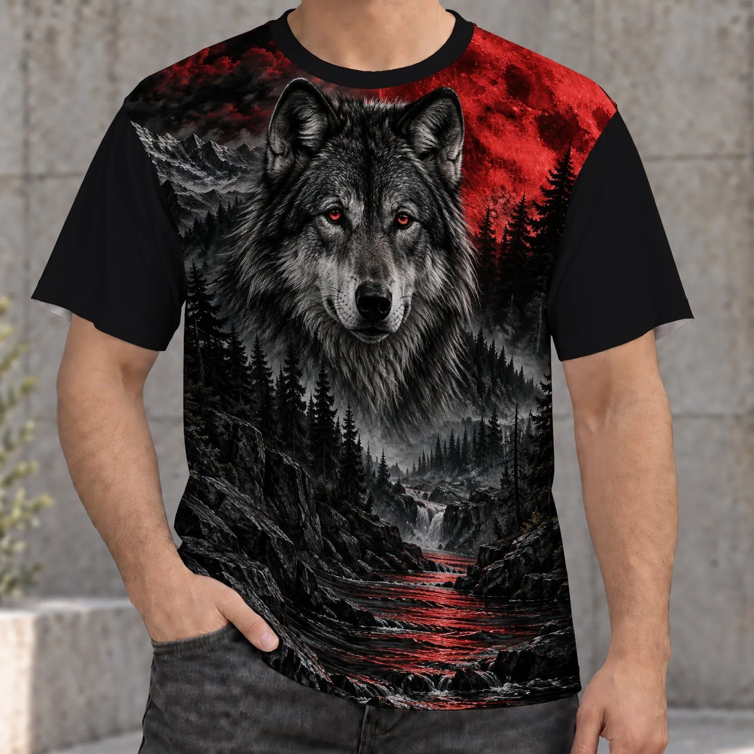 Red Moon Wolf Forest Wilderness Scene for Outdoor Adventures and Nature Lovers All-over Print Unisex T-shirt - 1