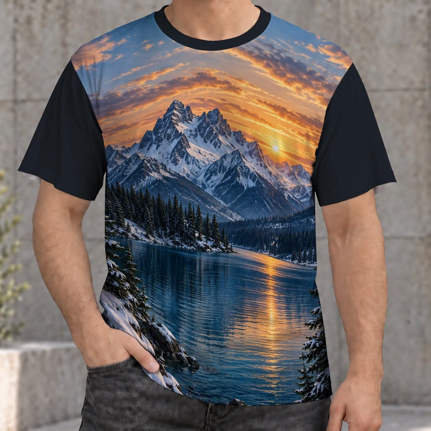 Snowy Mountain Lake Sunset Scenery for Hiking and Outdoor Adventure Nature Lovers All-over Print Unisex T-shirt - 1