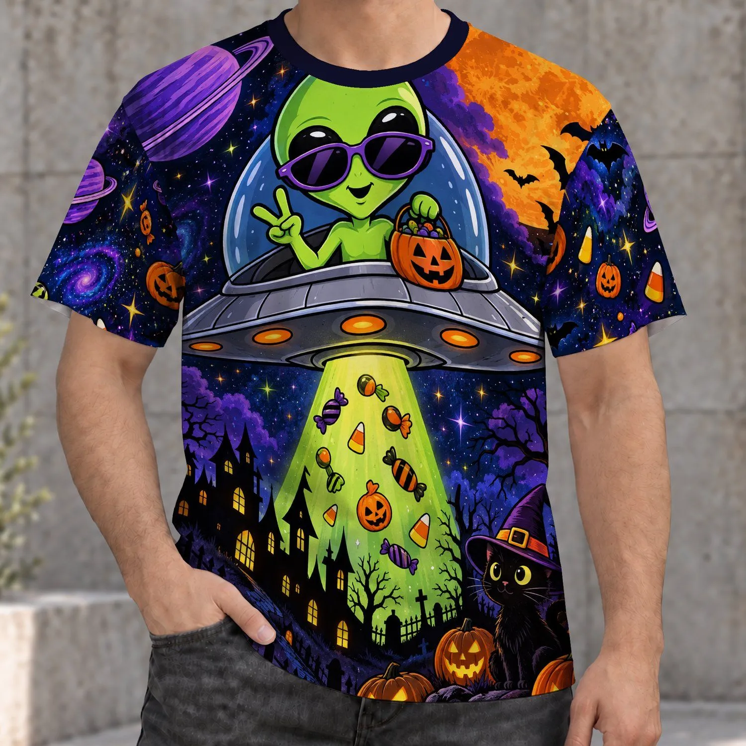 Alien UFO Halloween Scene with Candy, Pumpkins and Black Cat for Trick or Treat All-over Print Unisex T-shirt - 1