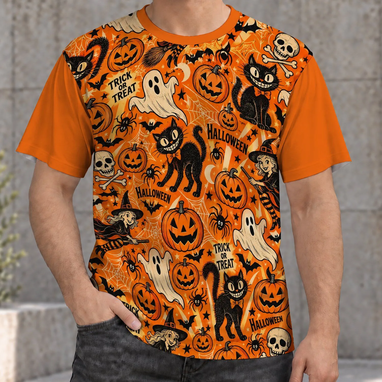 Retro Halloween Pumpkins, Black Cats & Ghosts for Spooky October Celebrations Party All-over Print Unisex T-shirt - 1