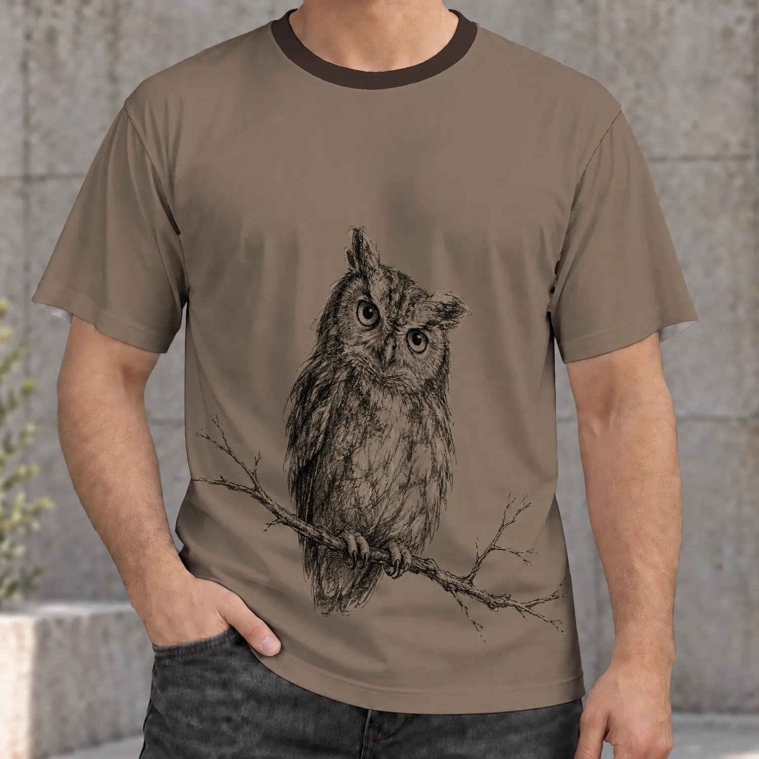 Wide-Eyed Owl Perched on a Branch for Nature Walks and Everyday Outdoor Wear All-over Print Unisex T-shirt - 1