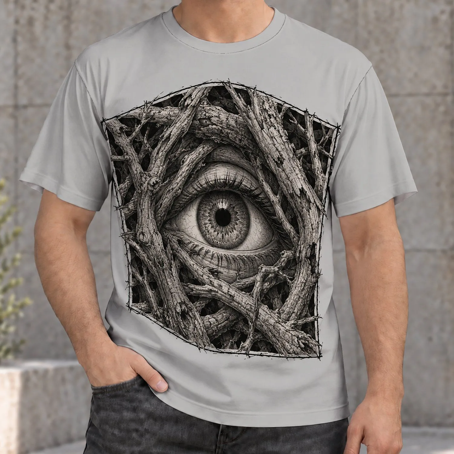 Engraved Eye Among Twisted Branches for Everyday Alternative Streetwear All-over Print Unisex T-shirt - 1