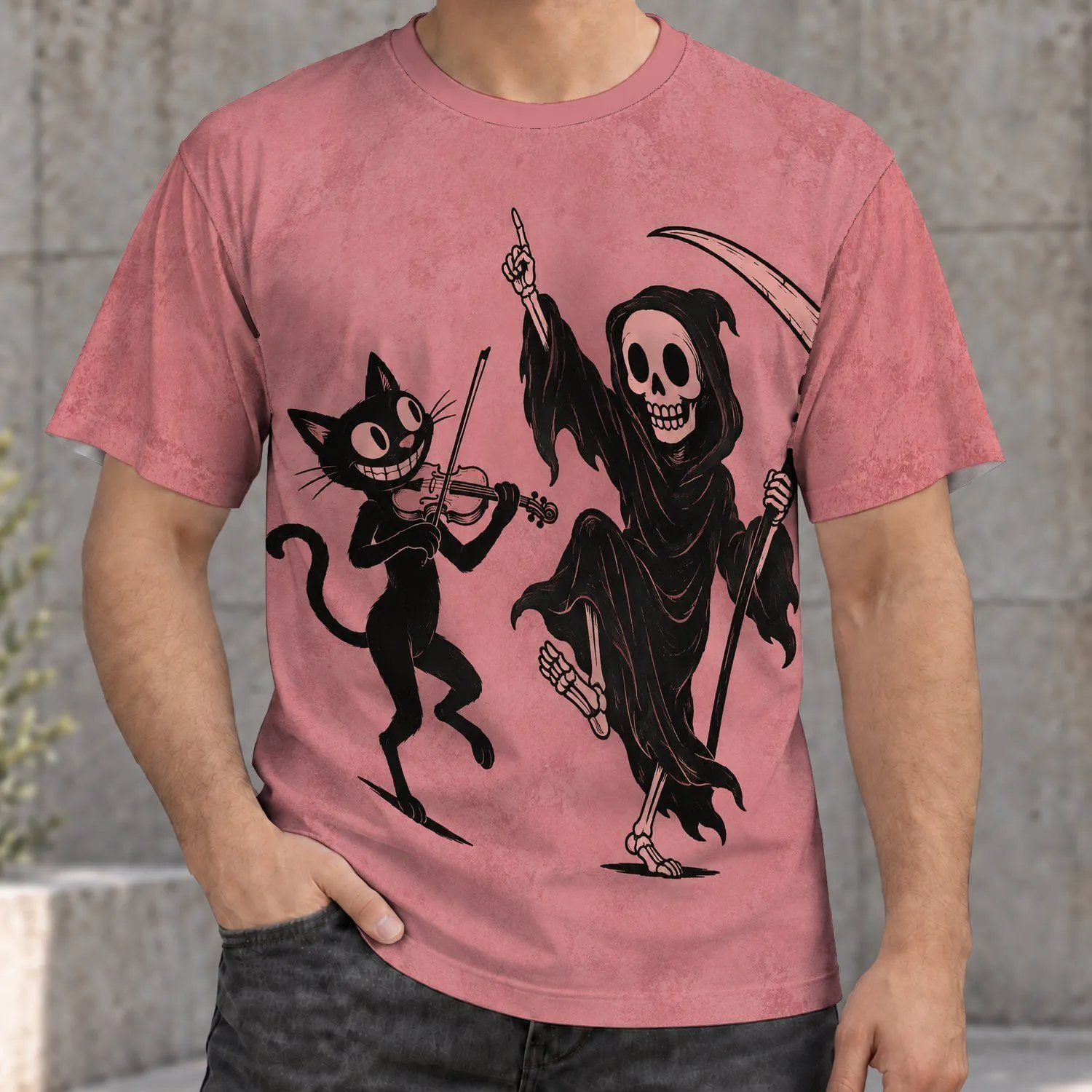 Dancing Cat And Grim Reaper Music Scene For Concert Nights And Halloween Fun All-over Print Unisex T-shirt - 1