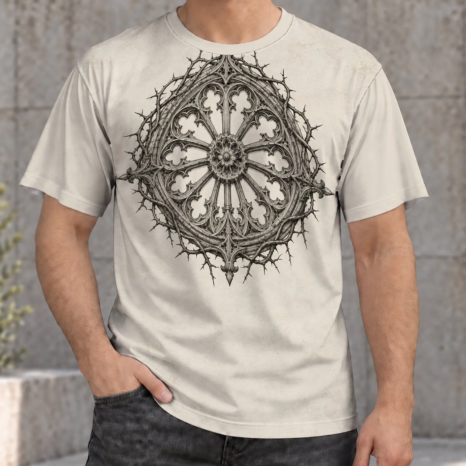 Gothic Thorn Rose Window Motif for Alternative Everyday Wear and Dark Academia Fans All-over Print Unisex T-shirt - 1
