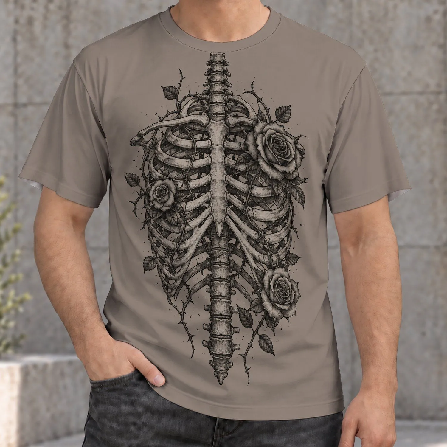 Gothic Ribcage And Roses Motif For Alternative Streetwear And Everyday Style All-over Print Unisex T-shirt - 1