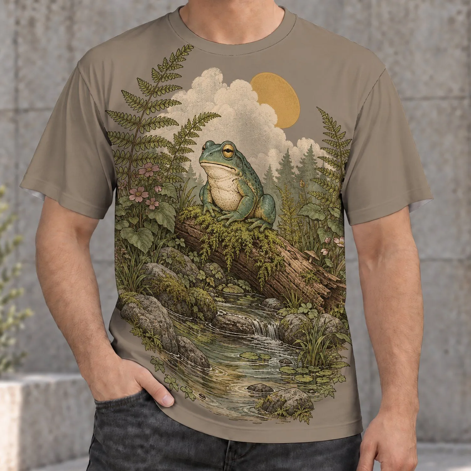 Frog in Ferns Woodland Pond Scene for Nature Walks and Relaxed Weekend Wear All-over Print Unisex T-shirt - 1
