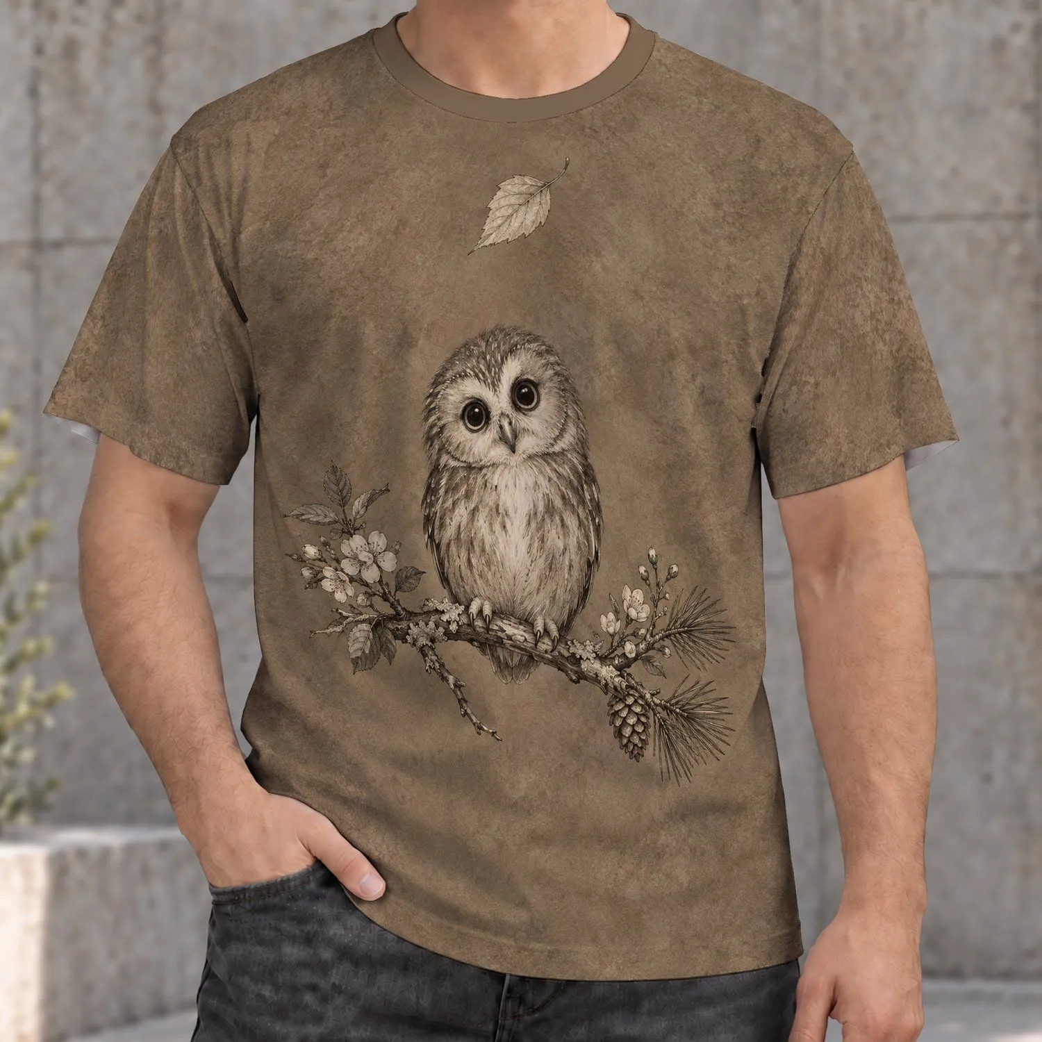 Wide-Eyed Owl on Blossom Branch for Nature Lovers and Everyday Woodland Outings All-over Print Unisex T-shirt - 1