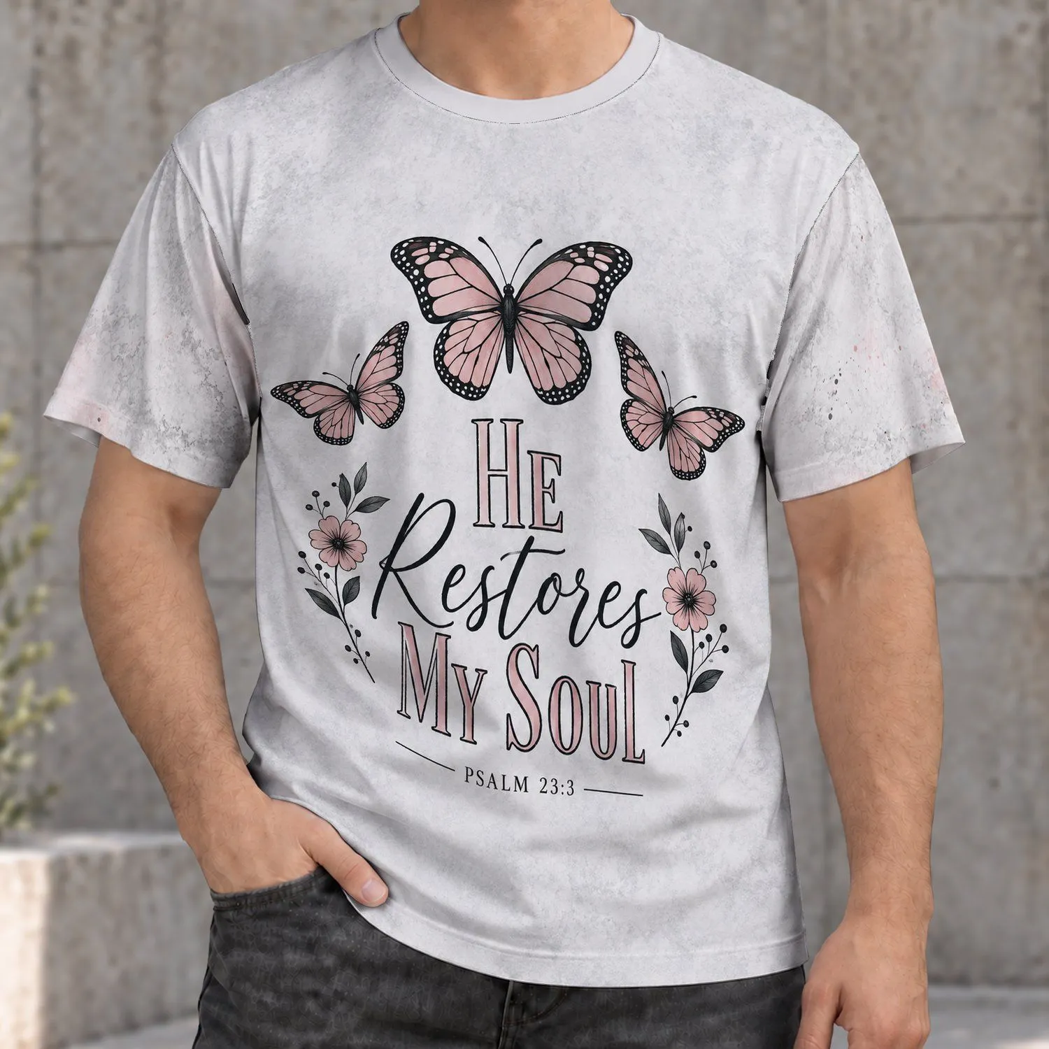 Butterflies and Psalm 23:3 for Faithful Everyday Wear and Quiet Reflection All-over Print Unisex T-shirt - 1