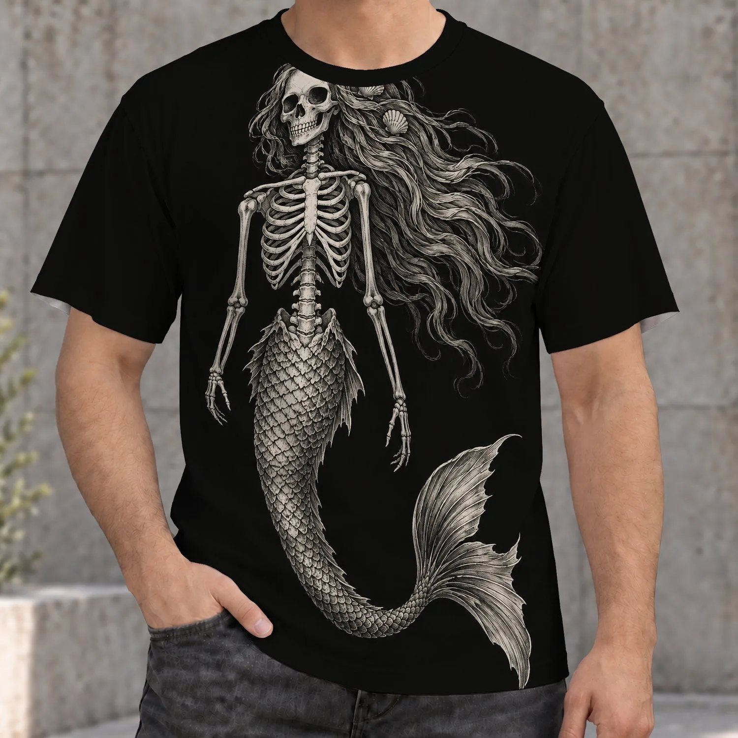 Skeleton Mermaid Engraving for Gothic Nights and Everyday Alternative Style All-over Print Unisex T-shirt - 1