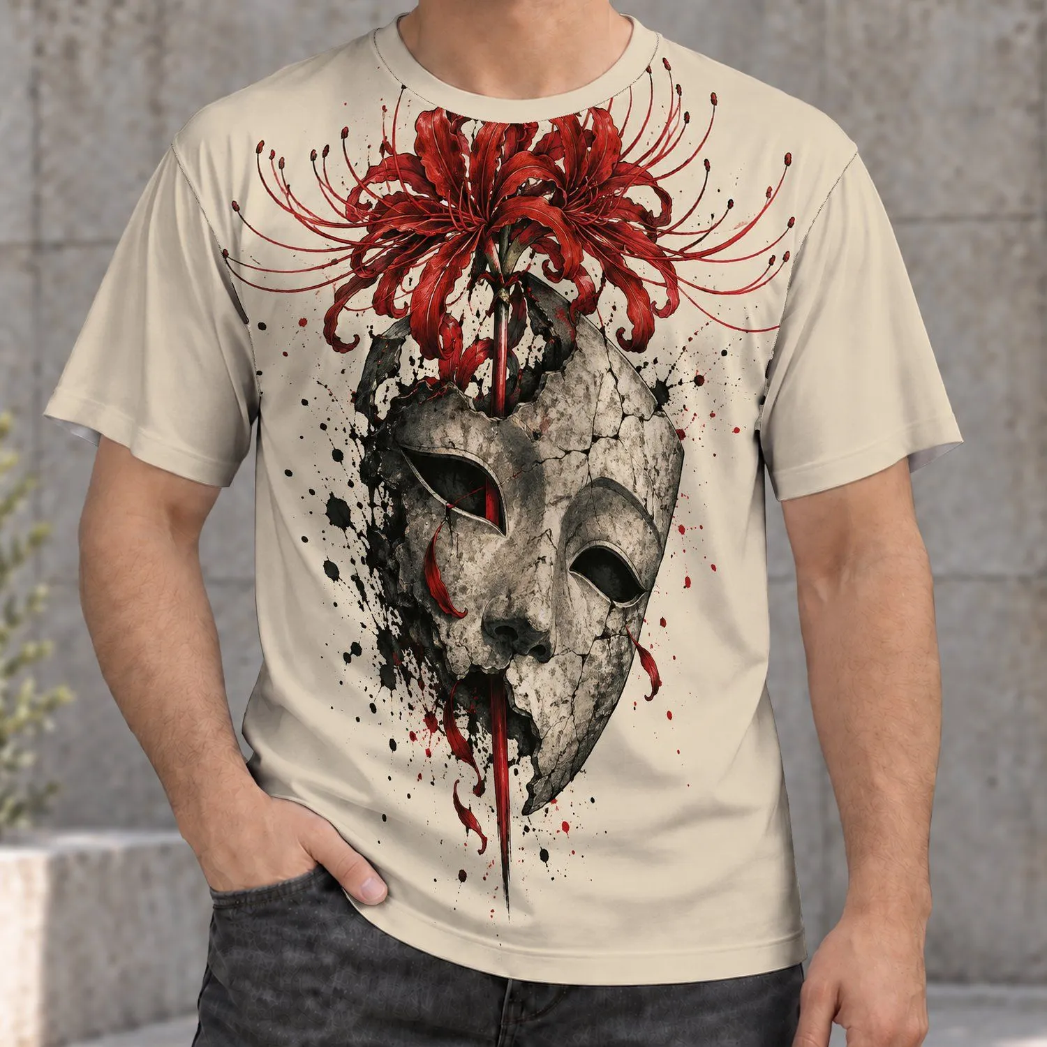 Red Spider Lily and Cracked Mask for Dark Streetwear and Everyday Alternative Style All-over Print Unisex T-shirt - 1