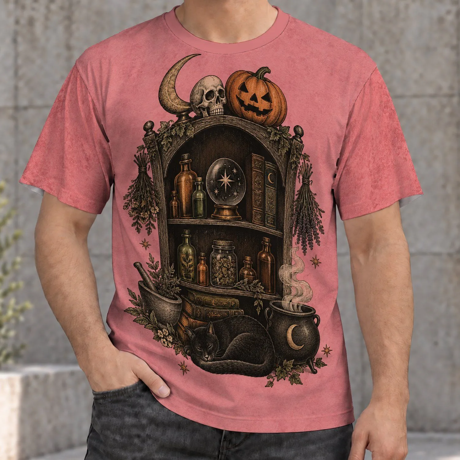Witchy Apothecary Shelf With Black Cat for Halloween Fans and Cozy Autumn Nights All-over Print Unisex T-shirt - 1