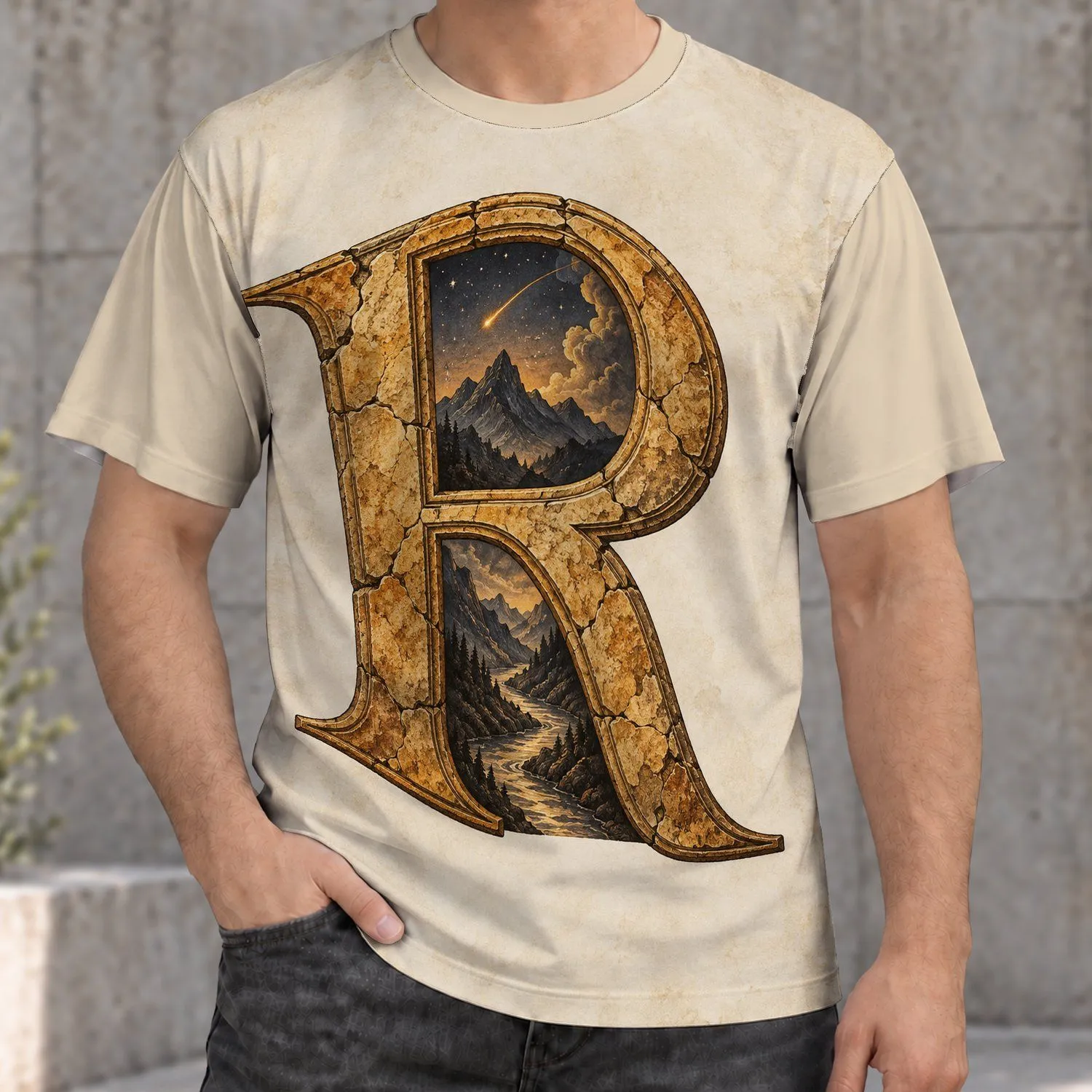 Antique Stone Letter R with Mountain Vista for Everyday Casual and Outdoor Wear All-over Print Unisex T-shirt - 1