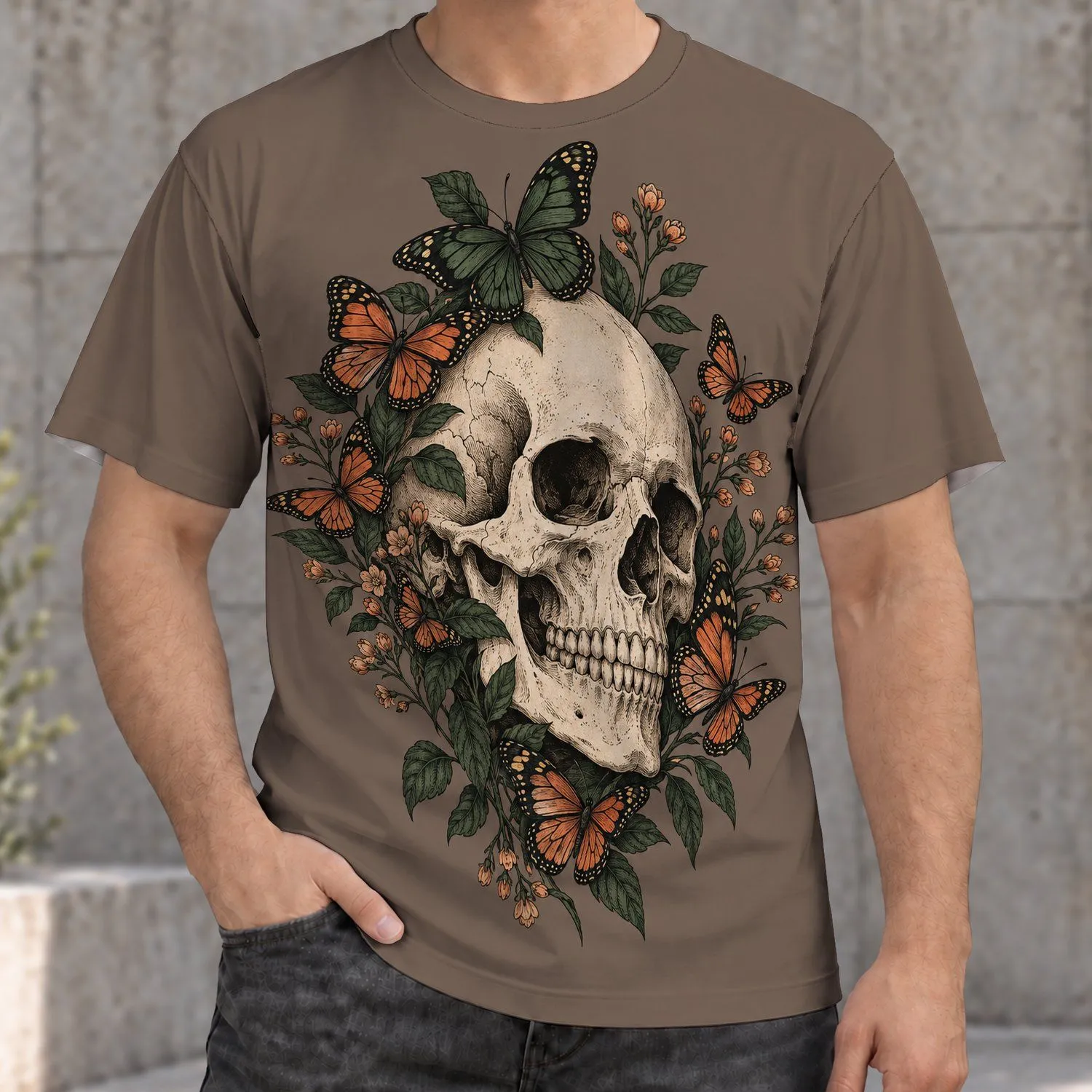 Skull Butterfly Floral Motif for Alternative Everyday Style and Unisex Gift Giving All-over Print Unisex T-shirt - 1