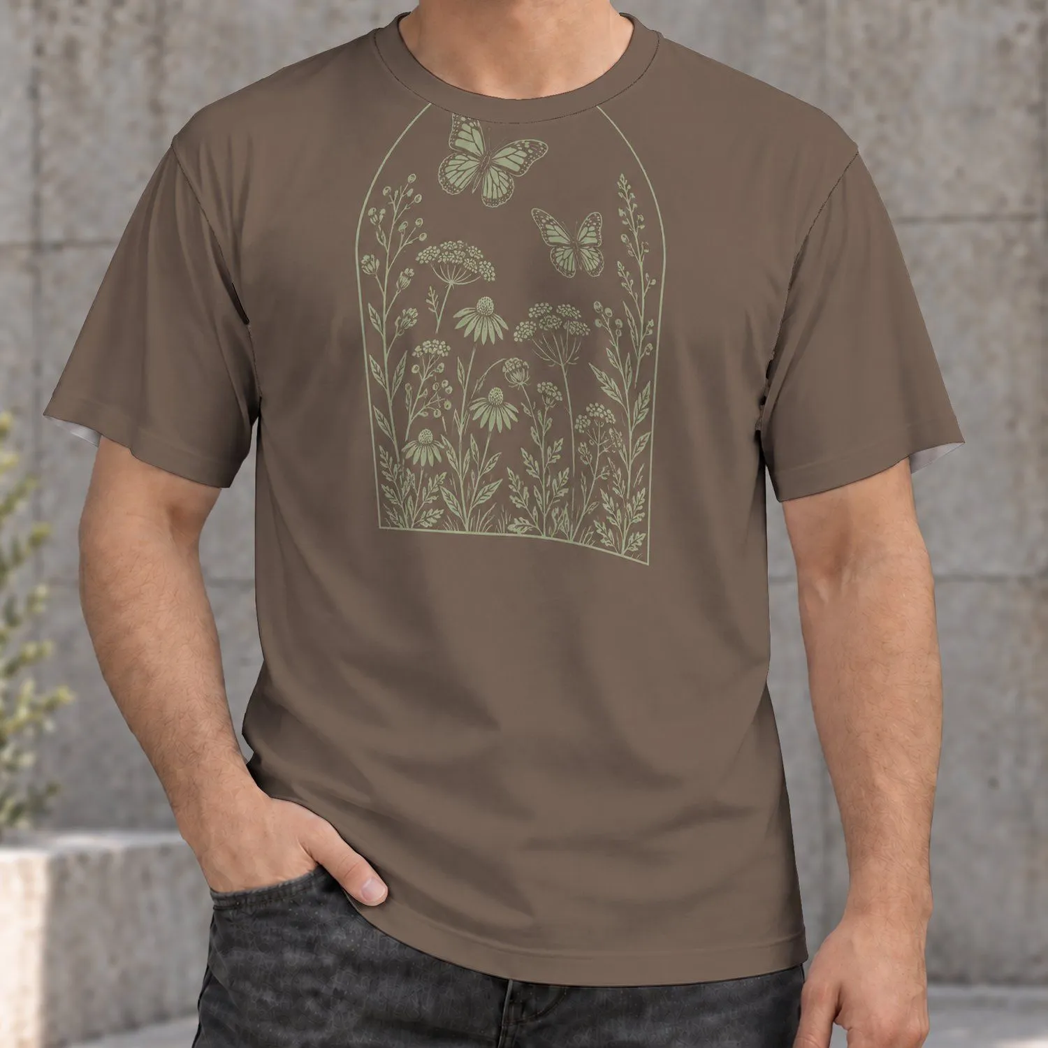Sage Butterfly Botanical Arch for Casual Nature Walks and Everyday Outings All-over Print Unisex T-shirt - 1