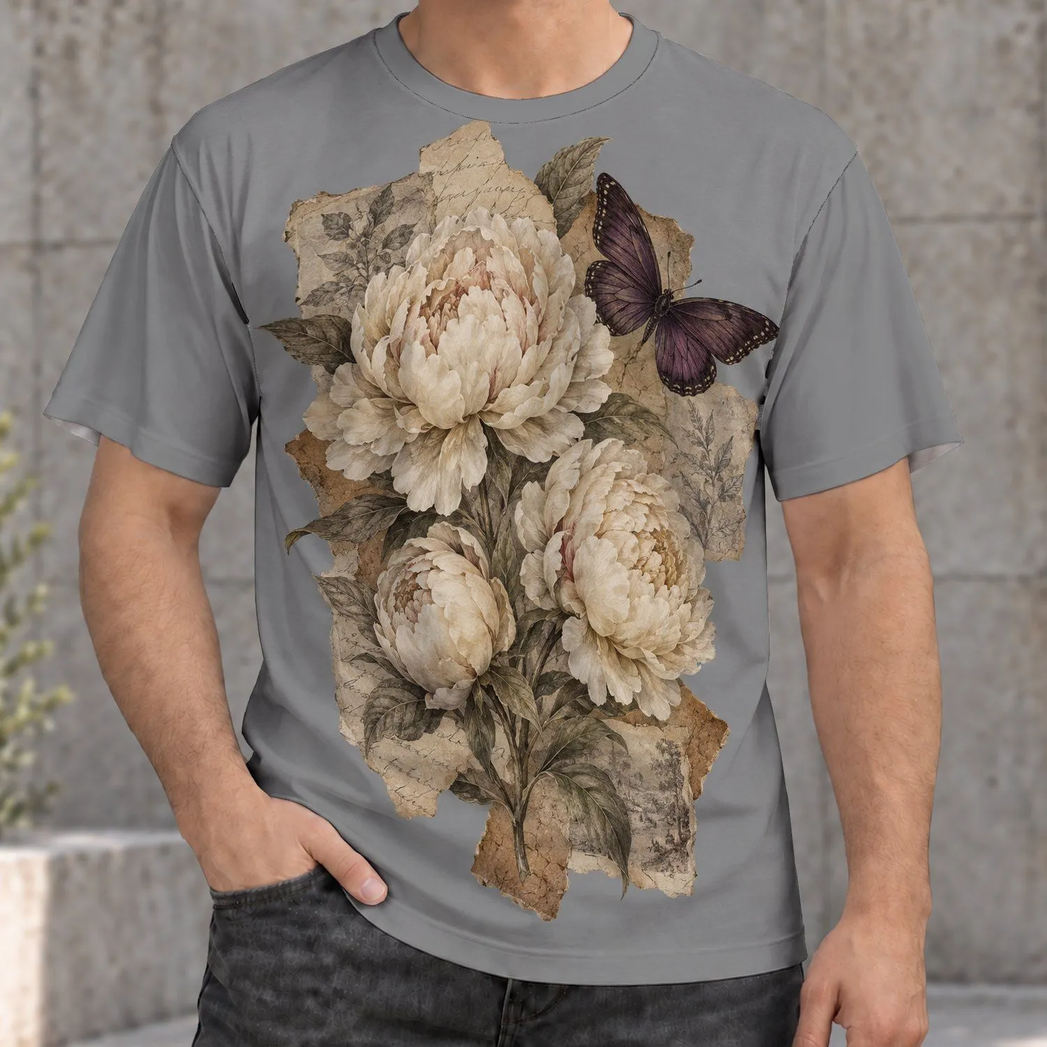 Vintage Peony and Butterfly Collage for Everyday Bohemian Style and Nature Lovers All-over Print Unisex T-shirt - 1