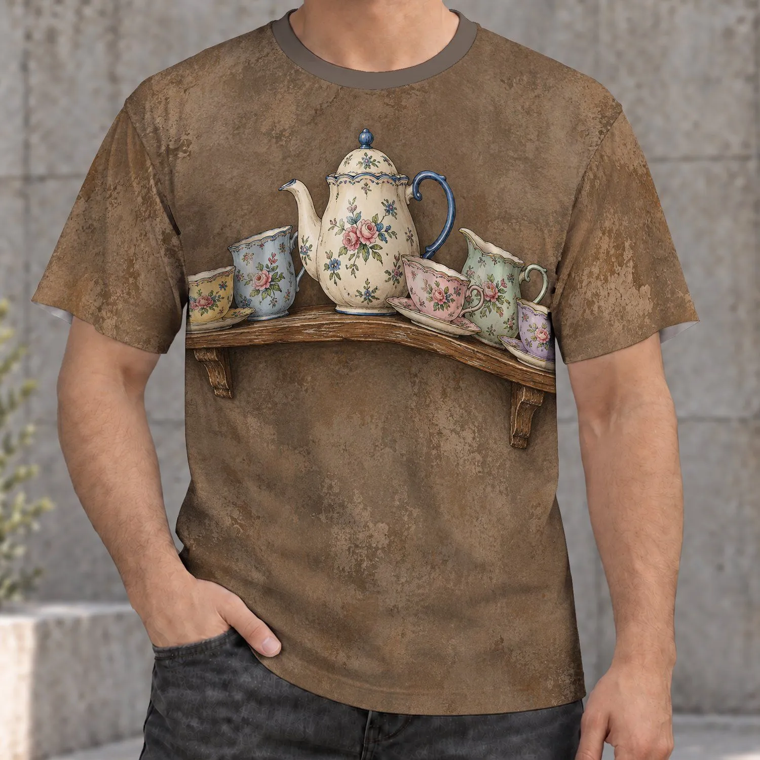 Vintage Floral Tea Set on Wooden Shelf for Cozy Café Days and Tea Lovers All-over Print Unisex T-shirt - 1