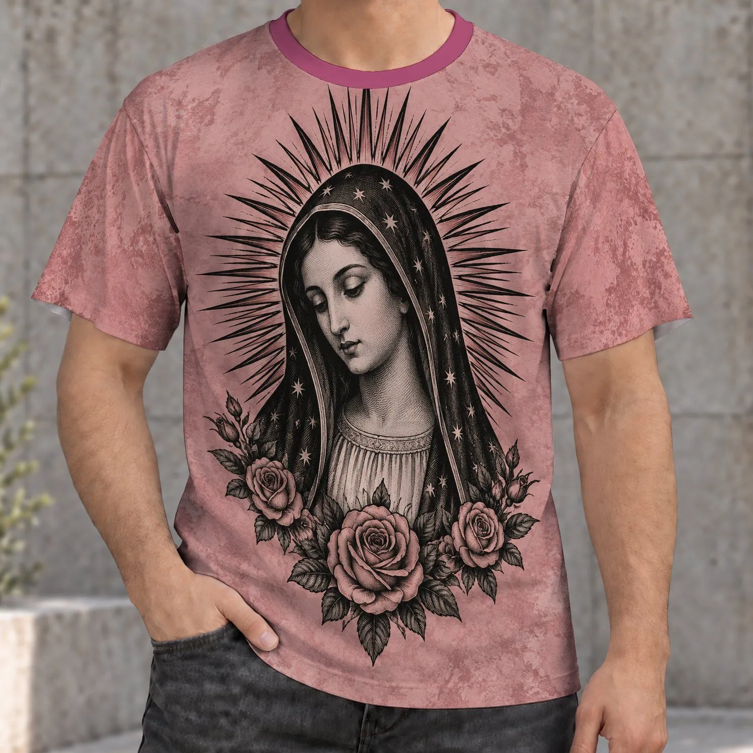 Veiled Madonna with Roses for Devotional Style and Everyday Spiritual Wear All-over Print Unisex T-shirt - 1