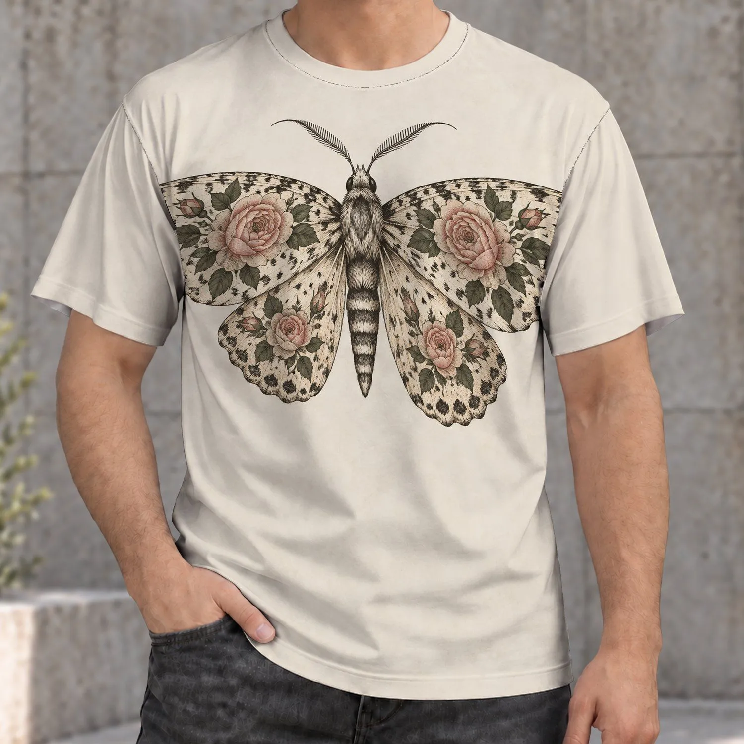 Botanical Moth With Blush Roses for Nature Lovers, Casual Days and Outdoor Adventures All-over Print Unisex T-shirt - 1