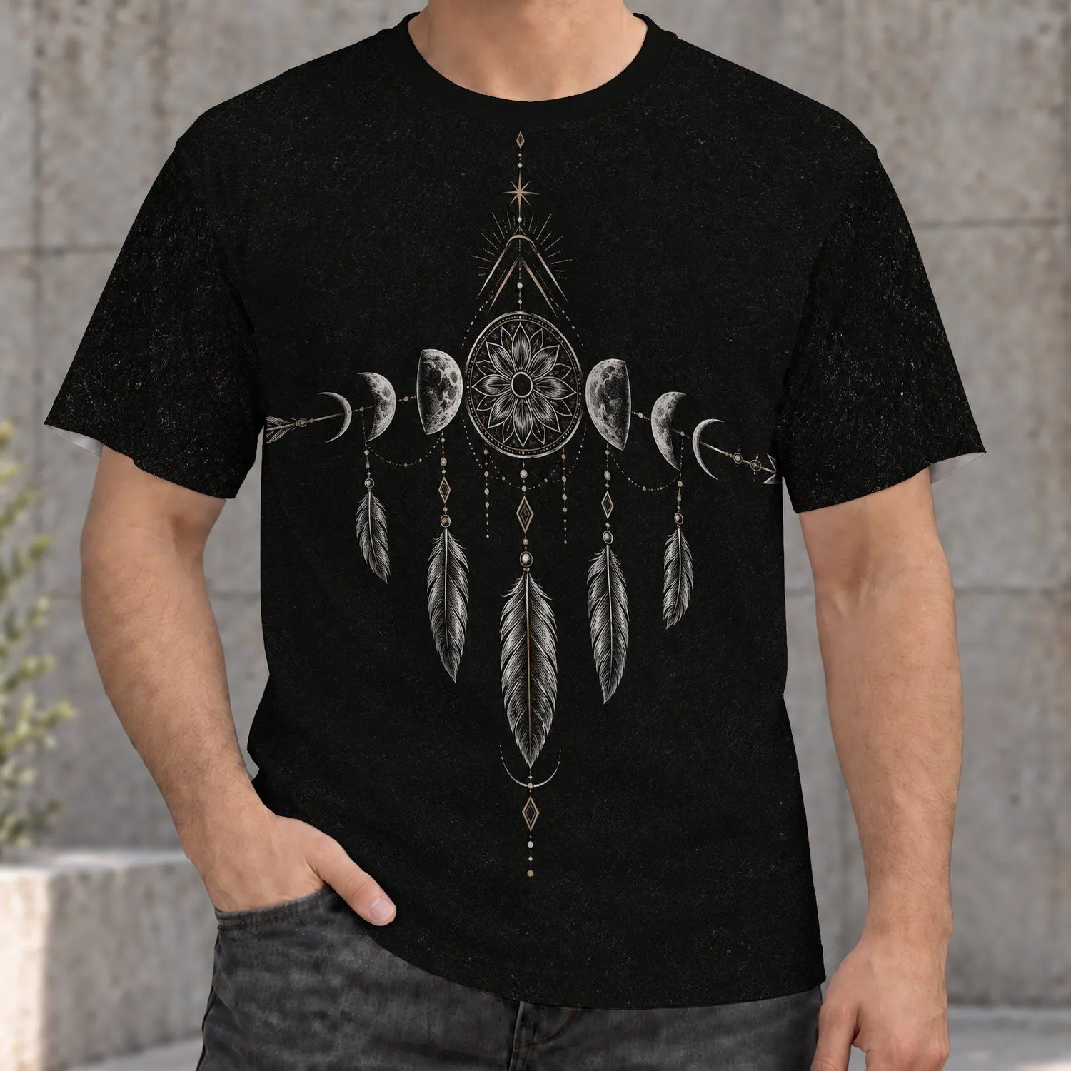 Celestial Moon Phase Dreamcatcher for Bohemian Everyday Wear and Festival Nights All-over Print Unisex T-shirt - 1