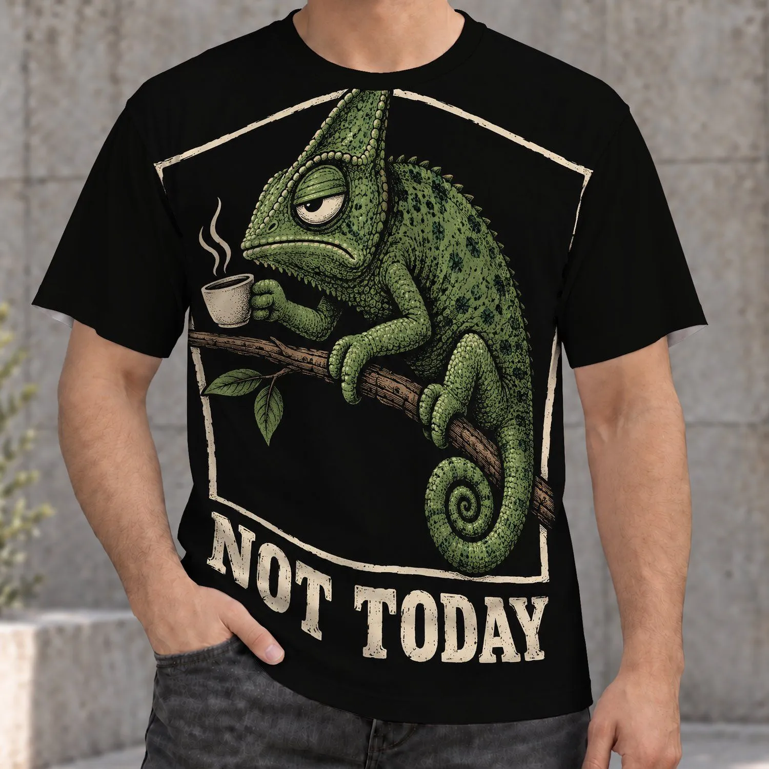 Sleepy Green Chameleon With Coffee For Laid-Back Everyday Casual Wear All-over Print Unisex T-shirt - 1