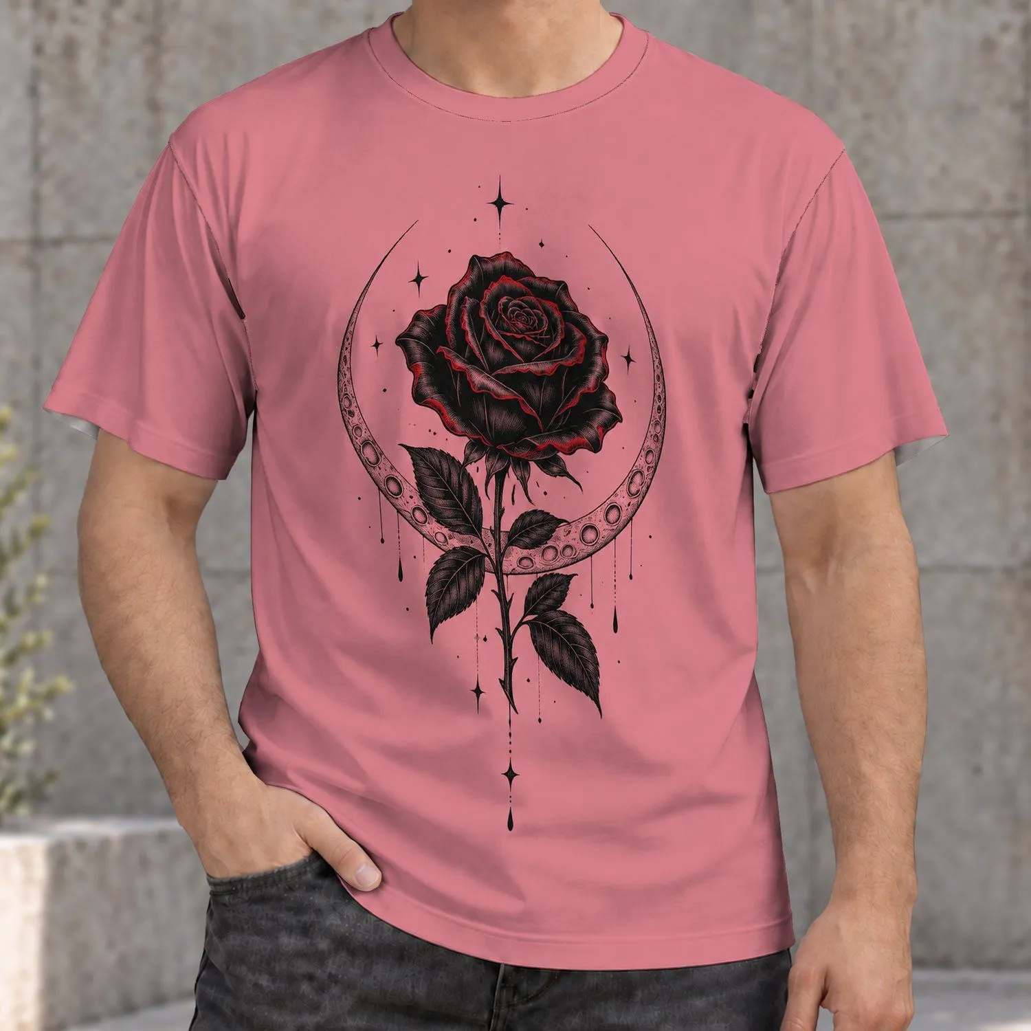 Moonlit Black Rose and Crescent Celestial Motif for Everyday Romantic Style and Gift Giving All-over Print Unisex T-shirt - 1