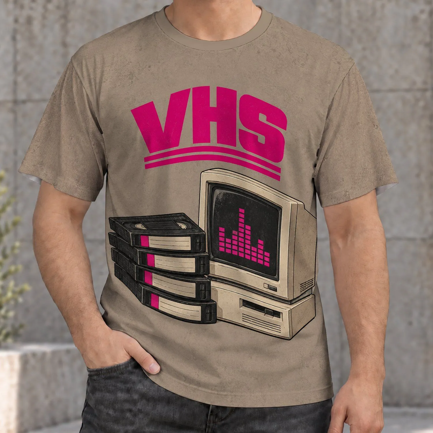 Retro VHS Computer and Cassette Scene for Vintage Tech Fans and Everyday Streetwear All-over Print Unisex T-shirt - 1