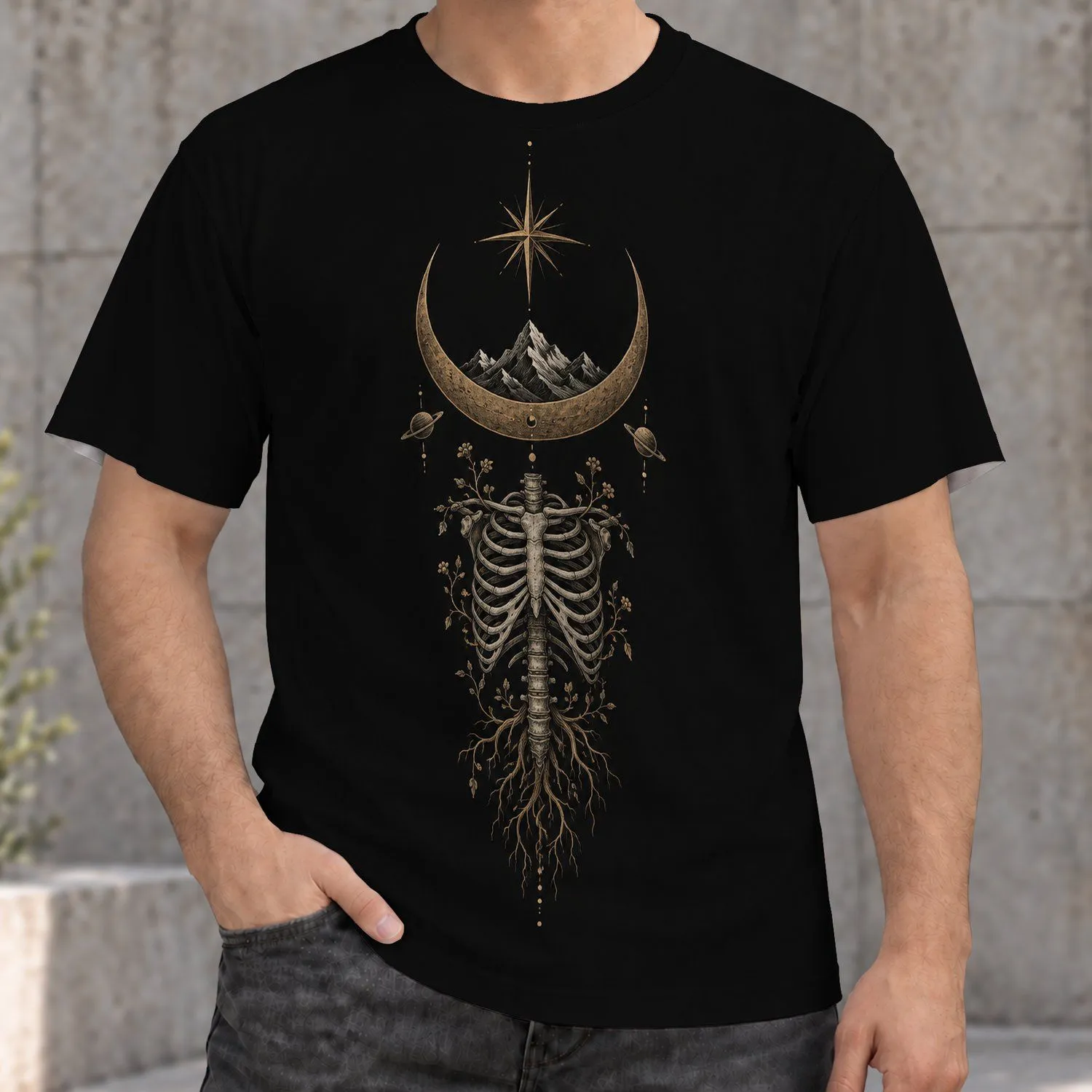 Moon Crescent Skeleton Celestial Art for Everyday Outings and Night Sky Fans All-over Print Unisex T-shirt - 1