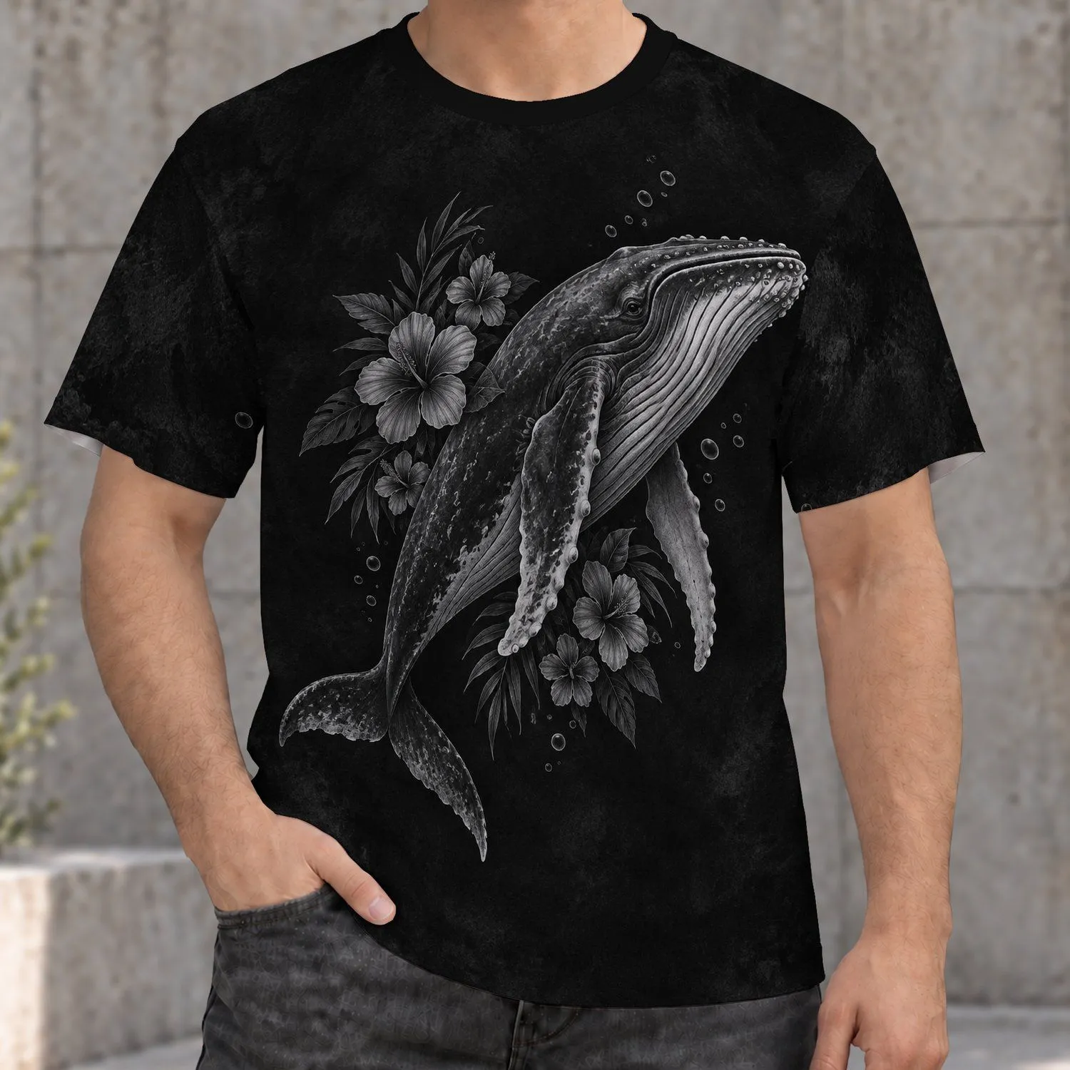 Humpback Whale And Tropical Flowers For Casual Coastal Adventures With Friends All-over Print Unisex T-shirt - 1