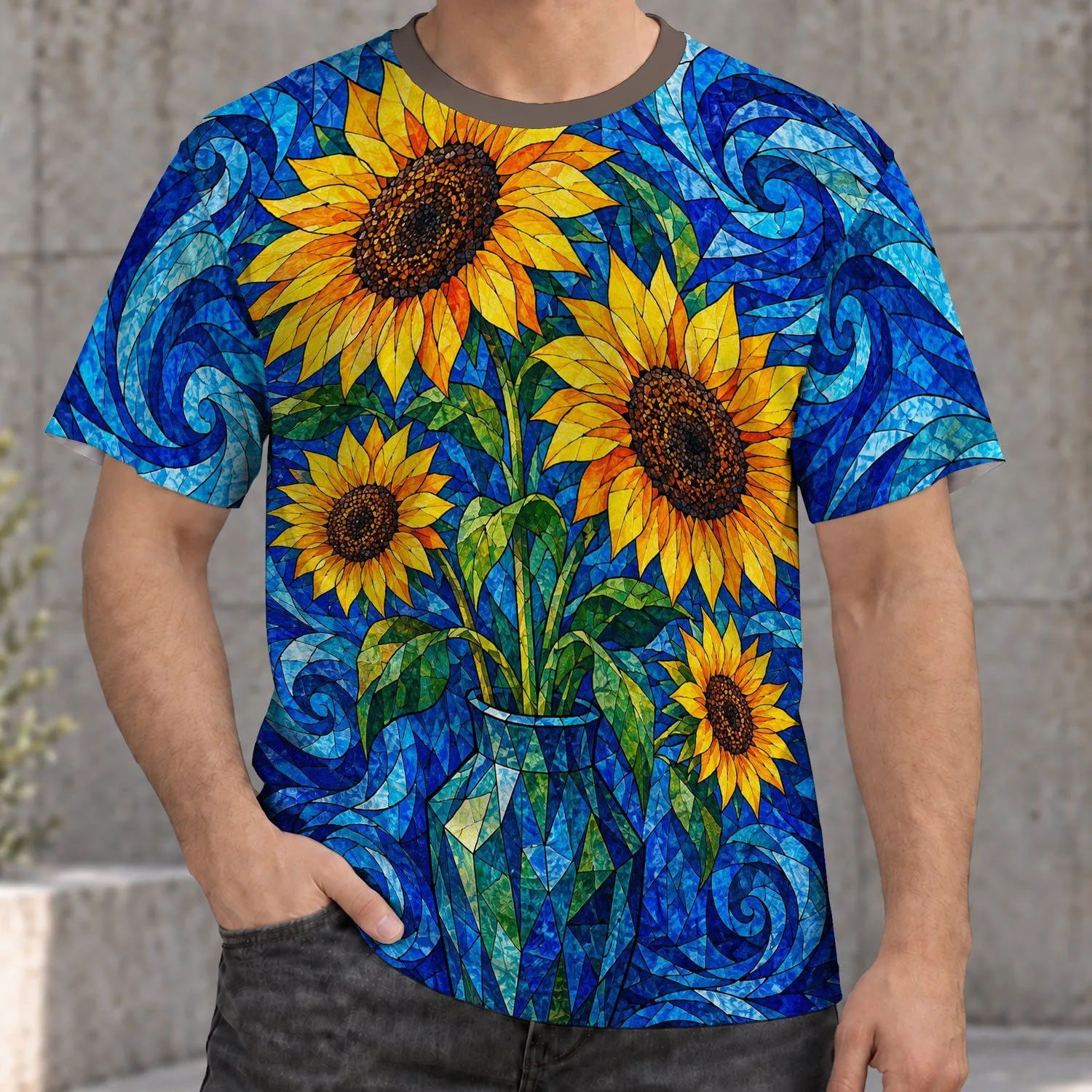 Sunflower Vase Under Swirling Blue Skies for Everyday Casual Botanical Style and Gifts All-over Print Unisex T-shirt - 1