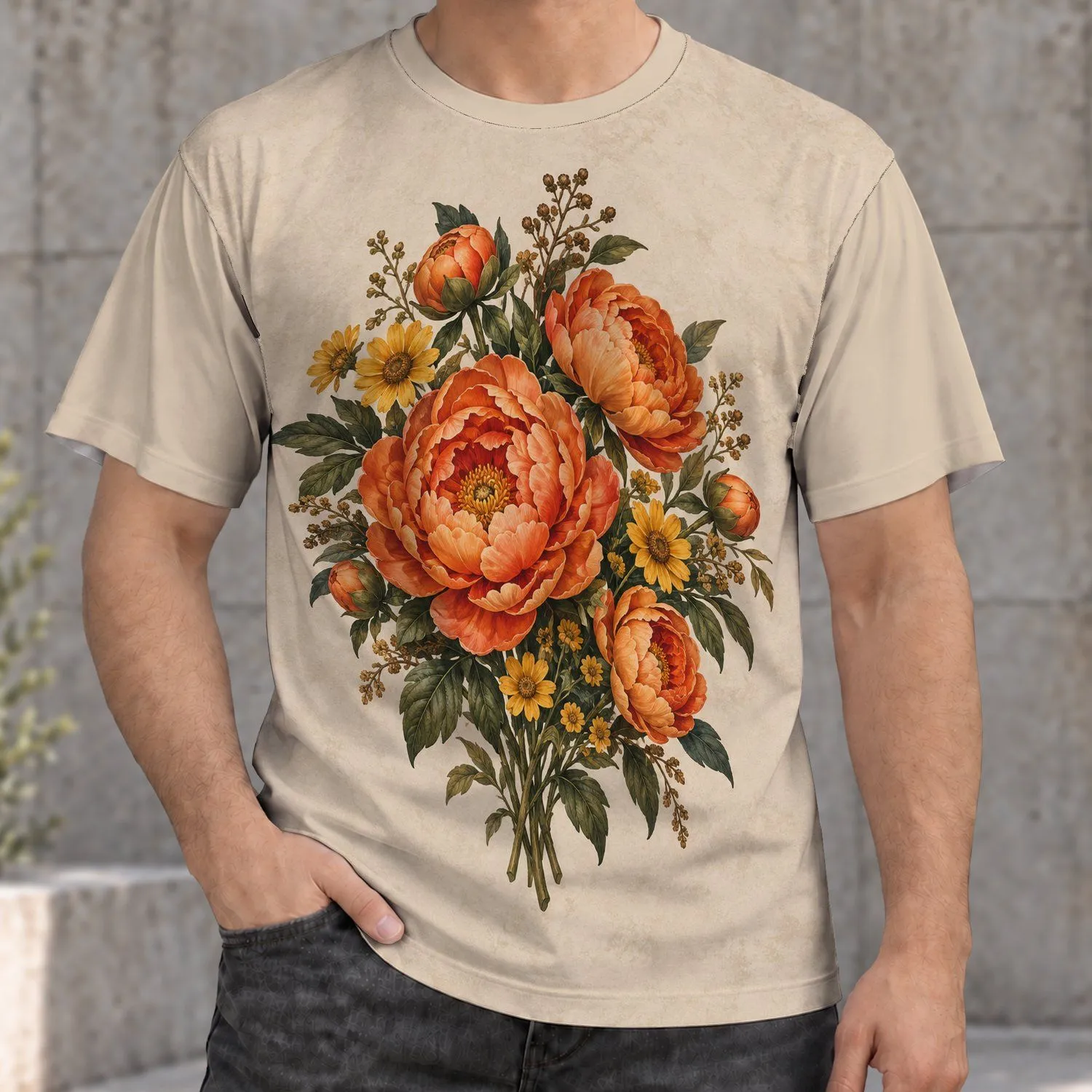 Orange Peony Bouquet for Casual Days and Garden Lovers, Vintage Botanical Style Apparel All-over Print Unisex T-shirt - 1